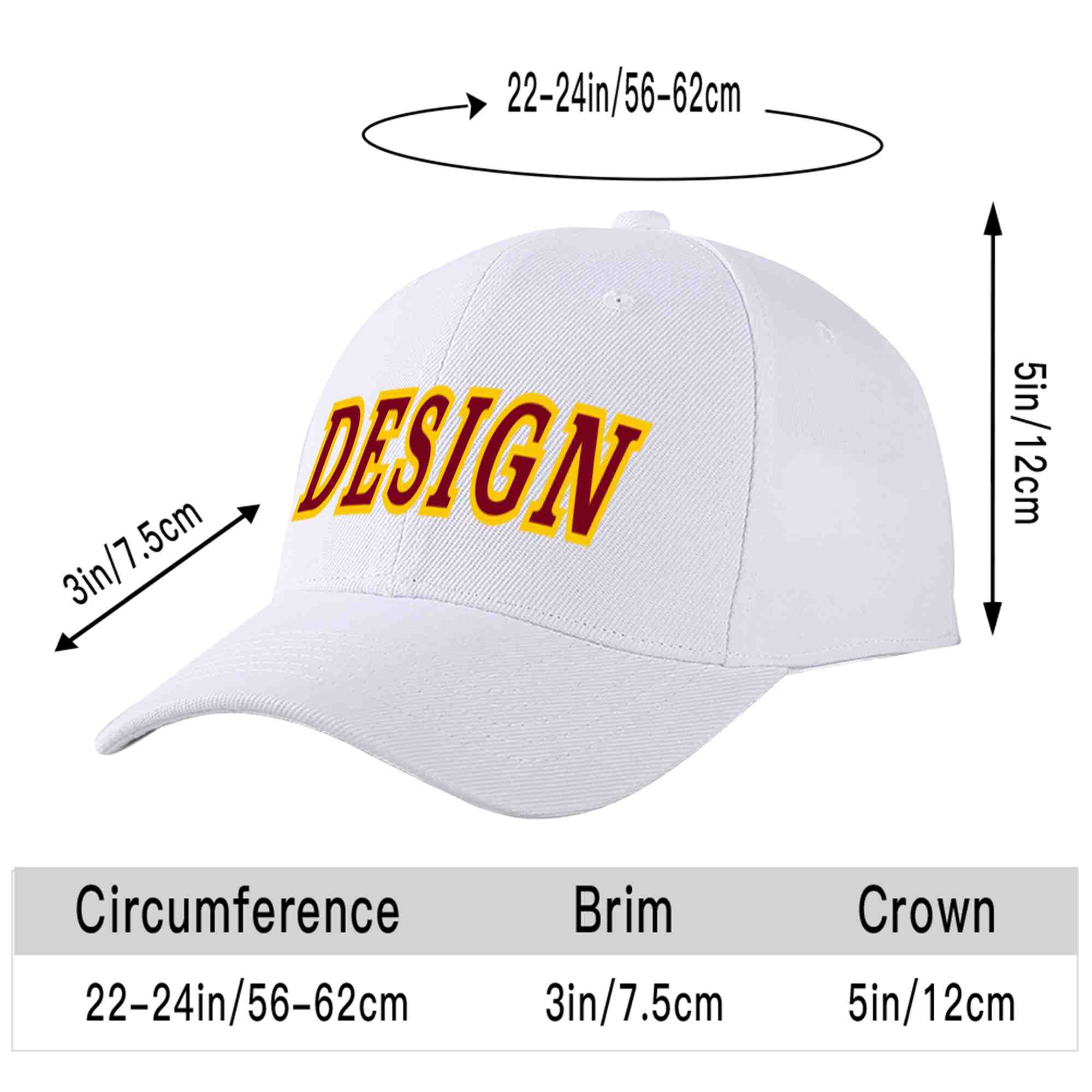 Custom White Crimson-Yellow Curved Eaves Sport Design Baseball Cap