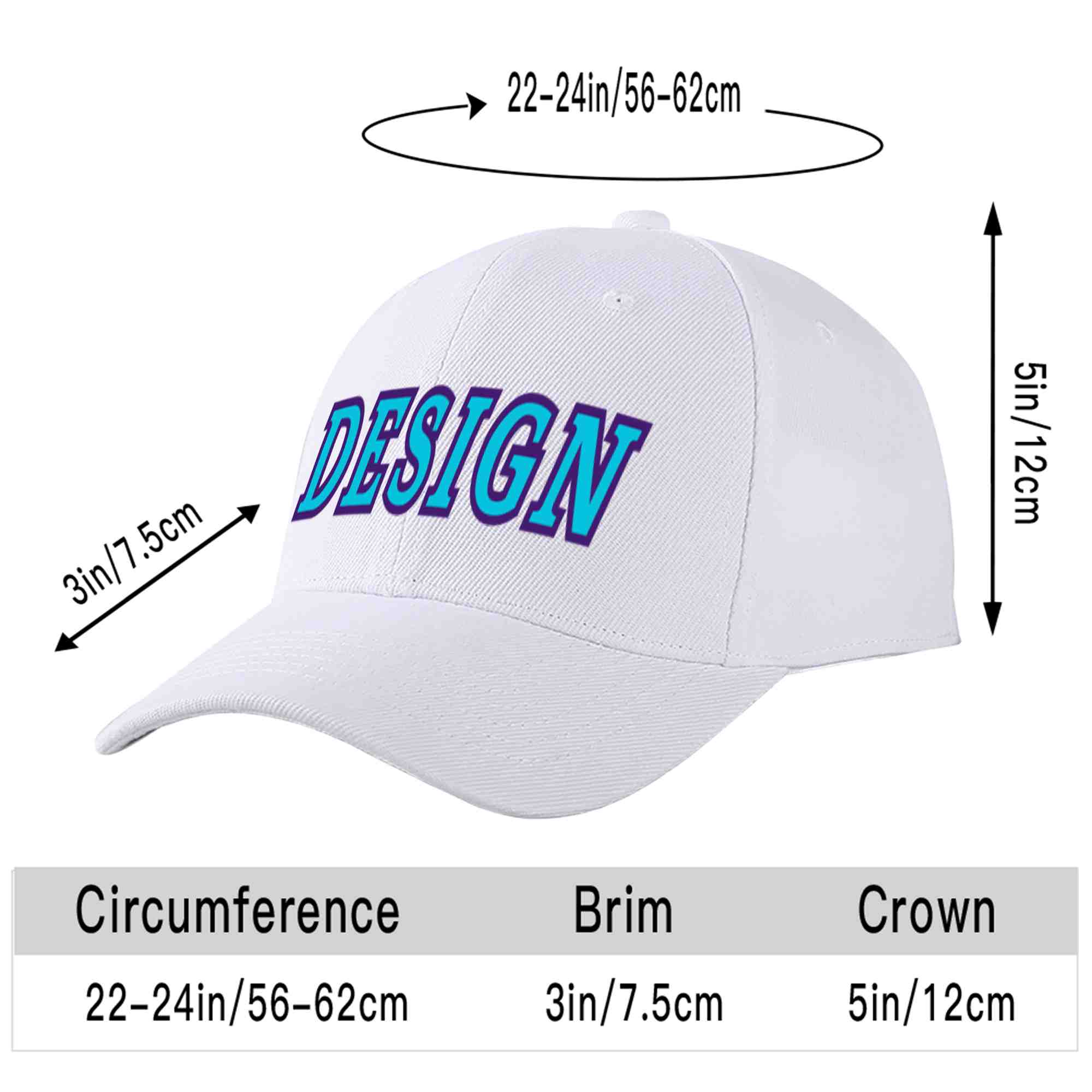 Casquette de baseball incurvée personnalisée, blanc, bleu clair, violet, design sportif