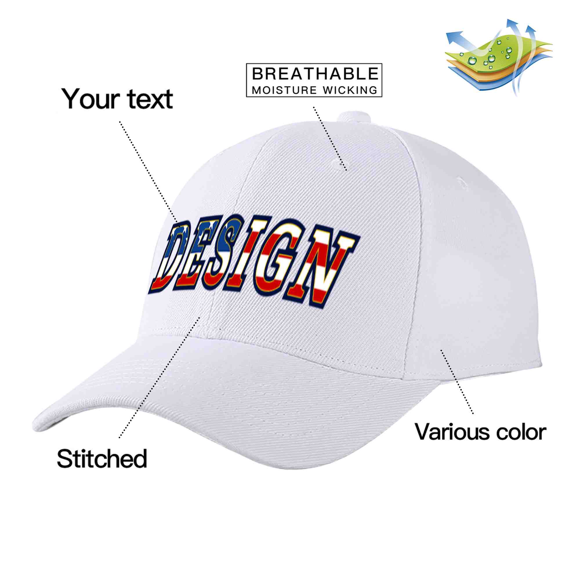 Custom White Vintage USA Flag-Gold Curved Eaves Sport Design Baseball Cap