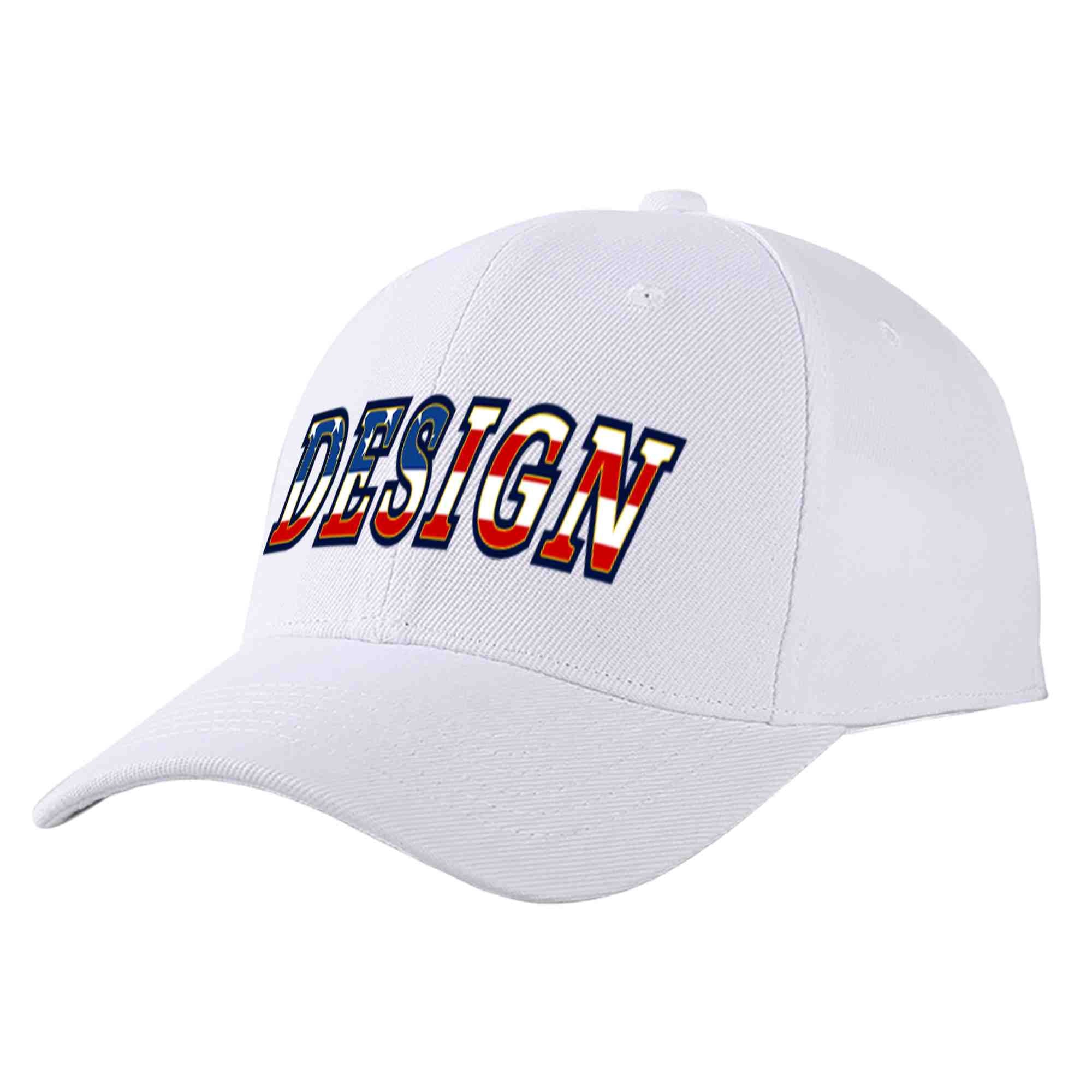 Casquette de baseball personnalisée avec drapeau américain vintage, design sportif, avec avant-toit incurvé doré, blanc