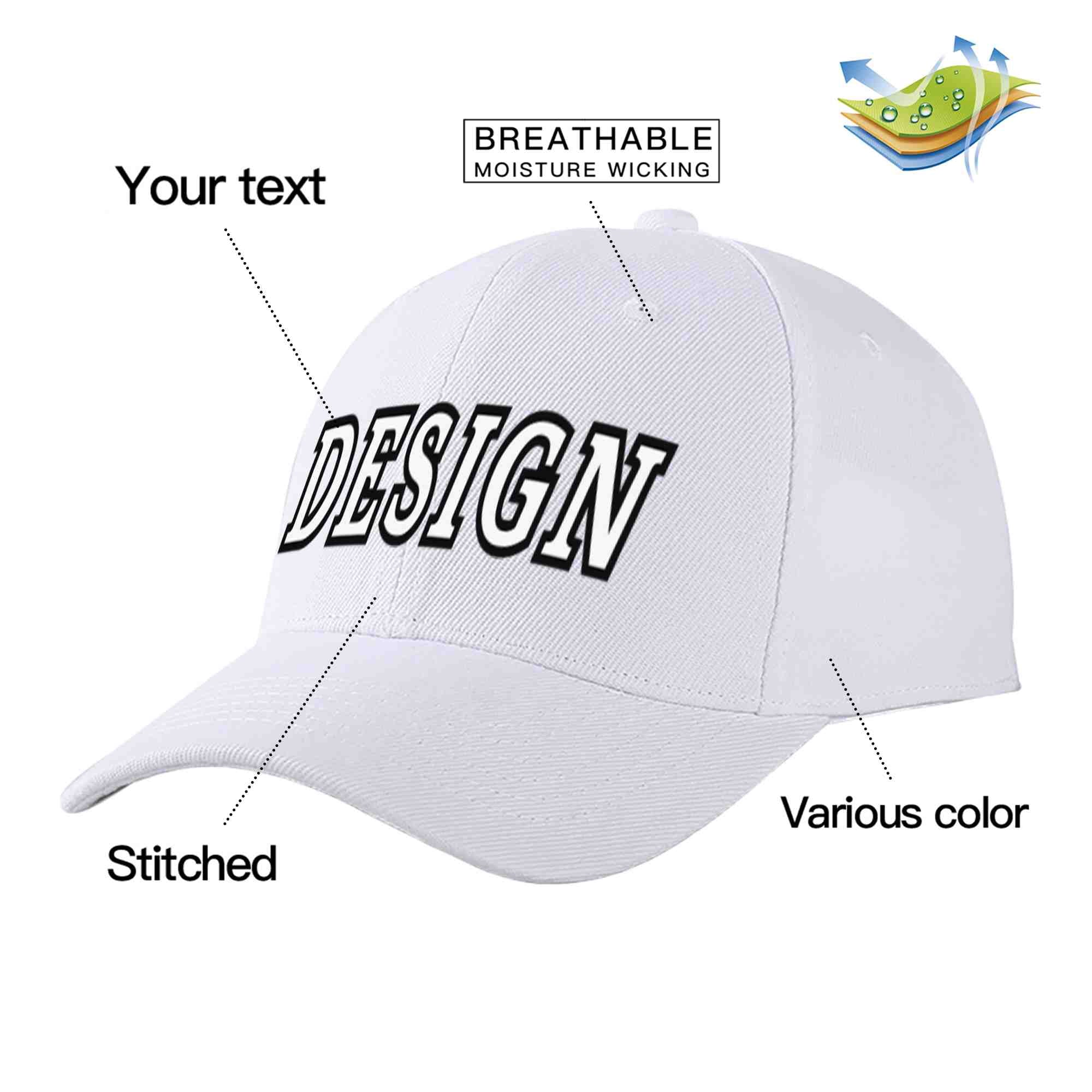 Custom White White-Black Curved Eaves Sport Design Baseball Cap