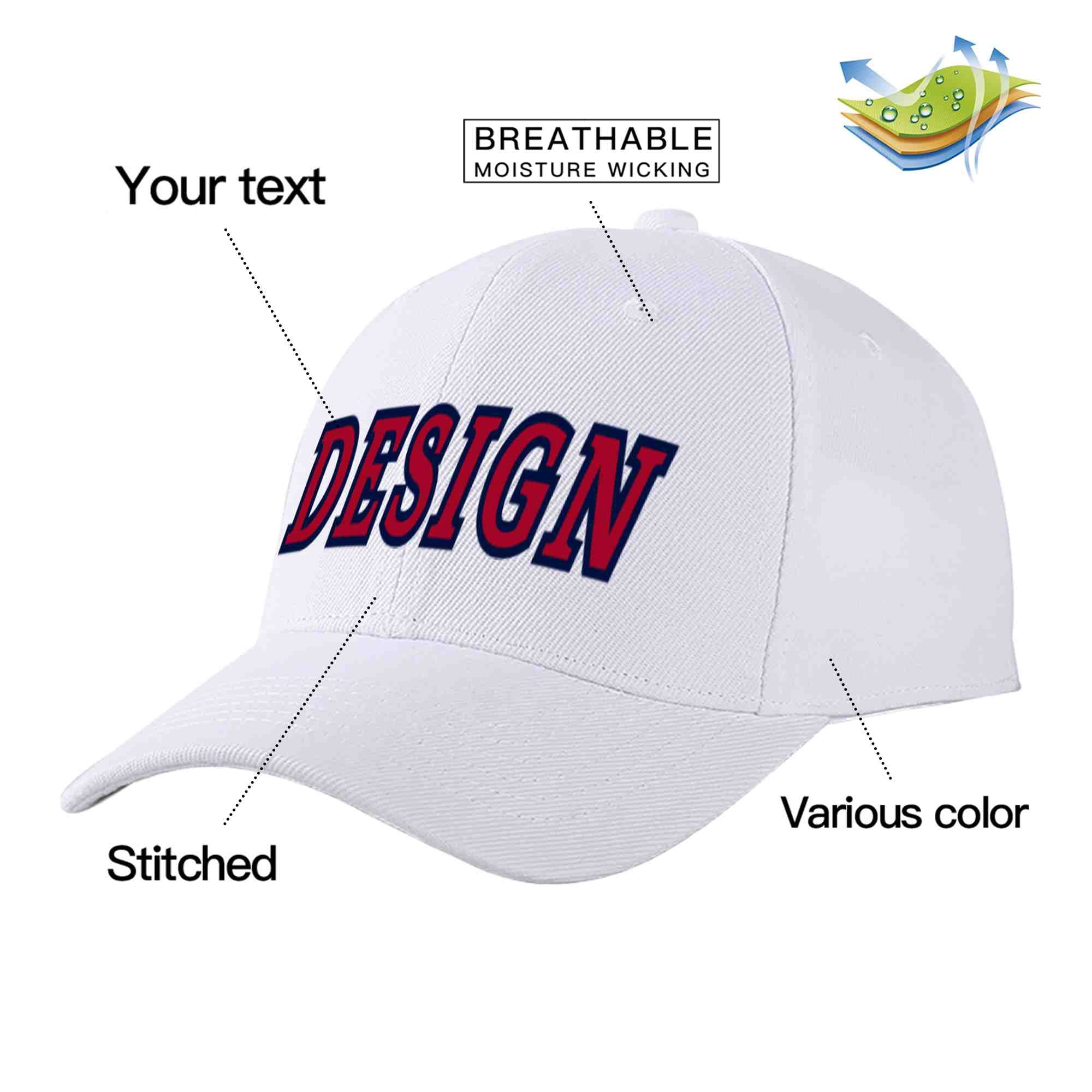 Custom White Red-Navy Curved Eaves Sport Design Baseball Cap