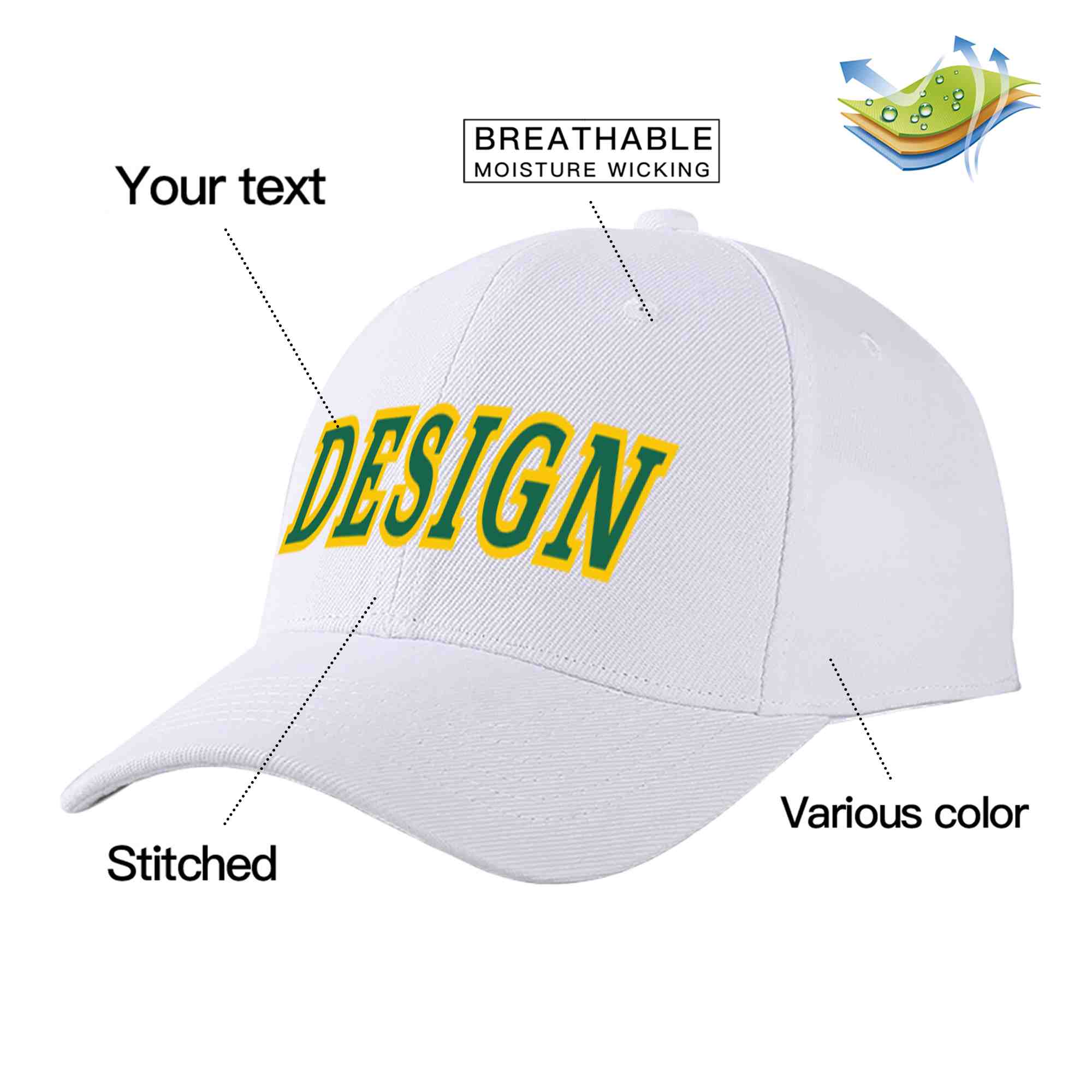 Custom White Kelly Green-Yellow Curved Eaves Sport Design Baseball Cap