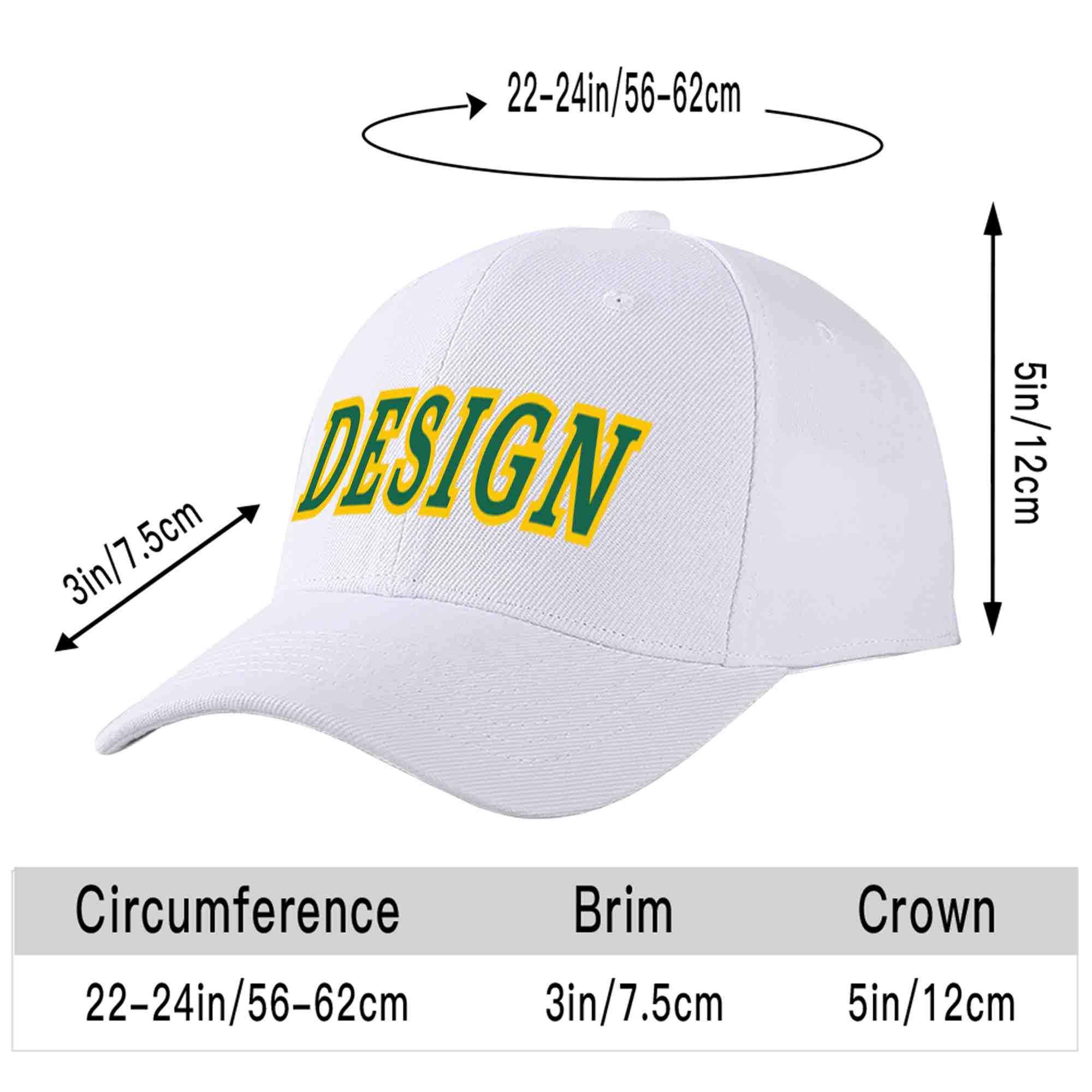 Custom White Kelly Green-Yellow Curved Eaves Sport Design Baseball Cap