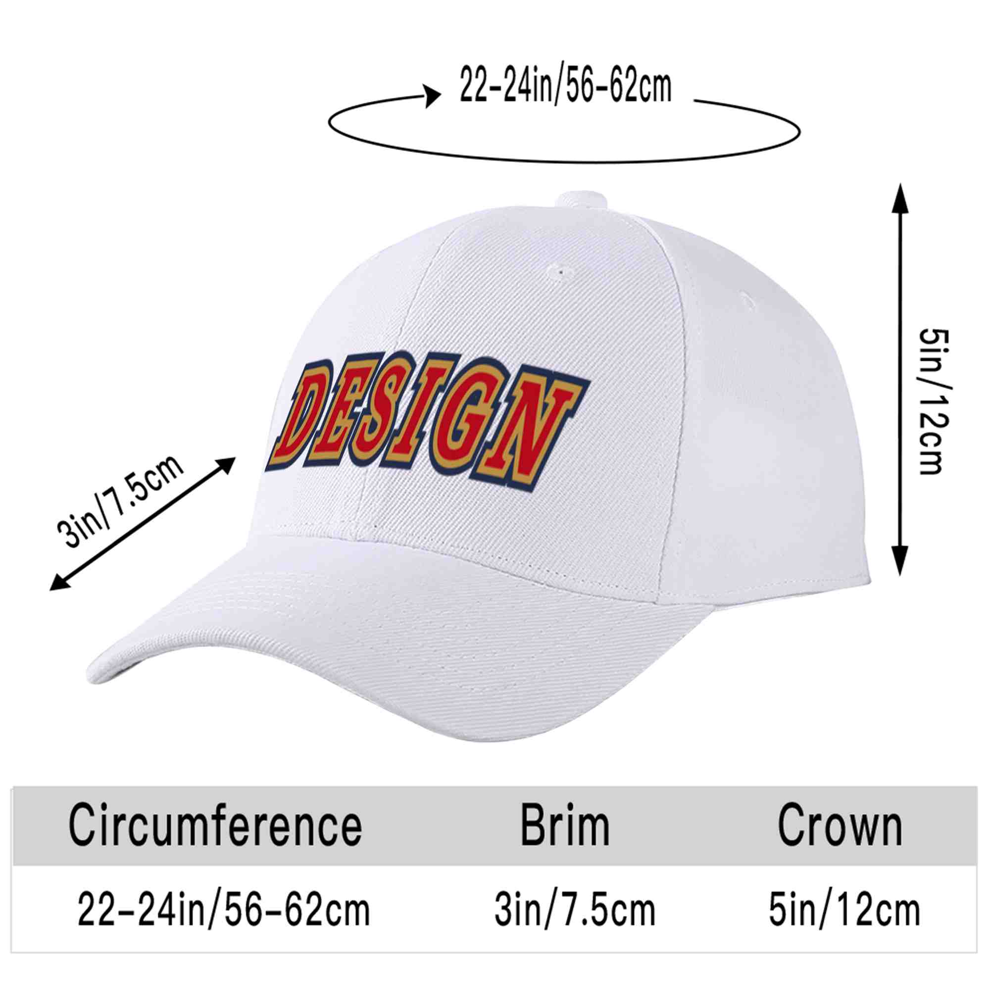 Custom White Red-Old Gold Curved Eaves Sport Design Baseball Cap