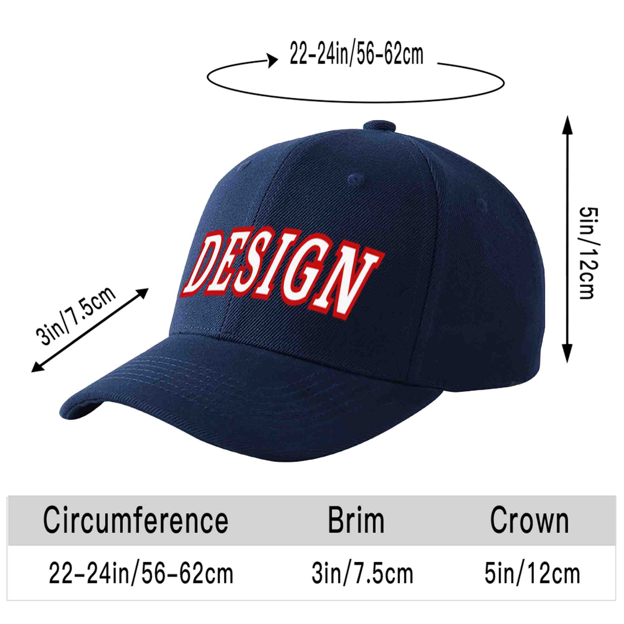 Casquette de baseball personnalisée bleu marine blanc-rouge avec avant-toit incurvé