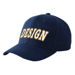 Custom Navy White-Old Gold Curved Eaves Sport Design Baseball Cap