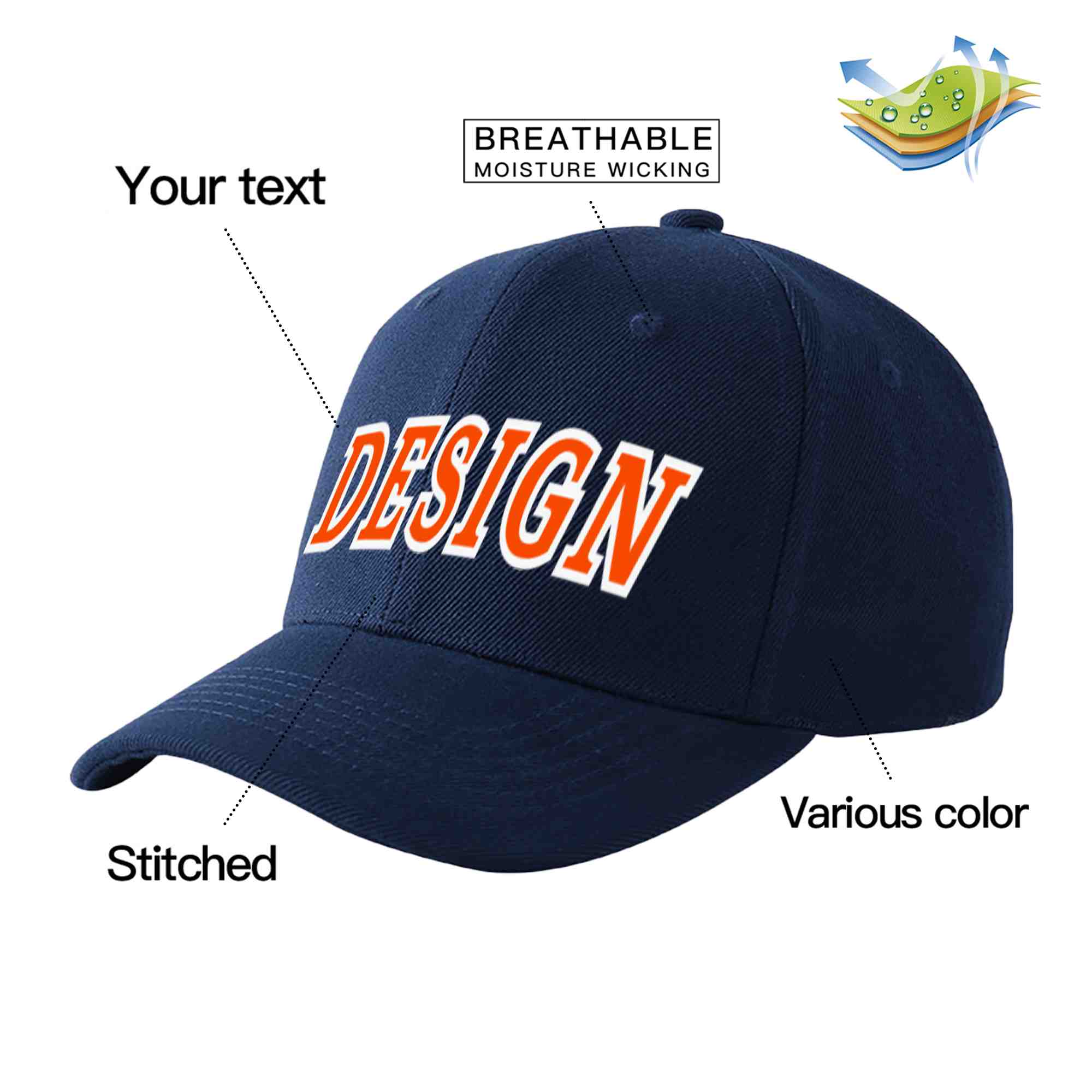 Casquette de baseball personnalisée bleu marine orange-blanc incurvée Eaves Sport Design