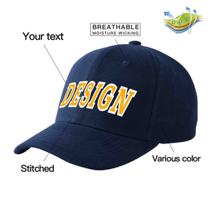 Custom Navy Yellow-White Curved Eaves Sport Design Baseball Cap