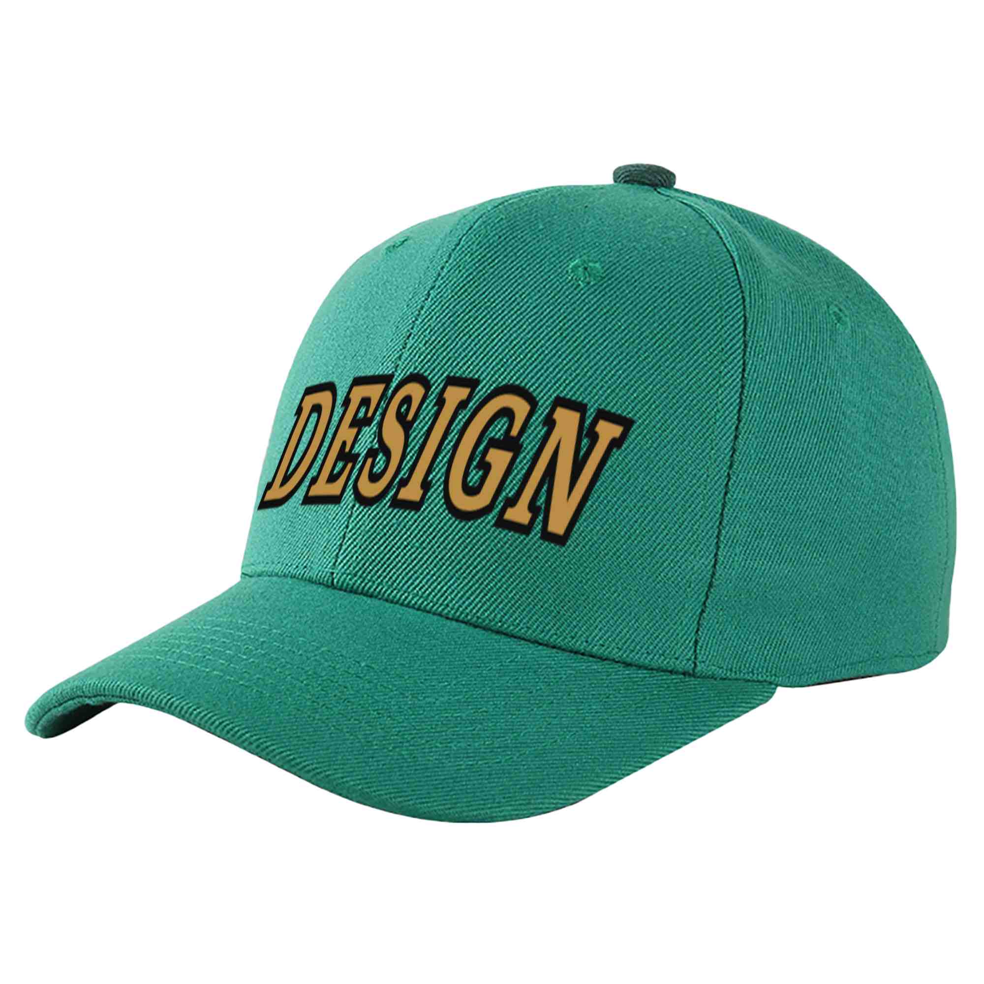 Casquette de baseball personnalisée, vert clair, vieux or-noir, design sportif, avec avant-toit incurvé