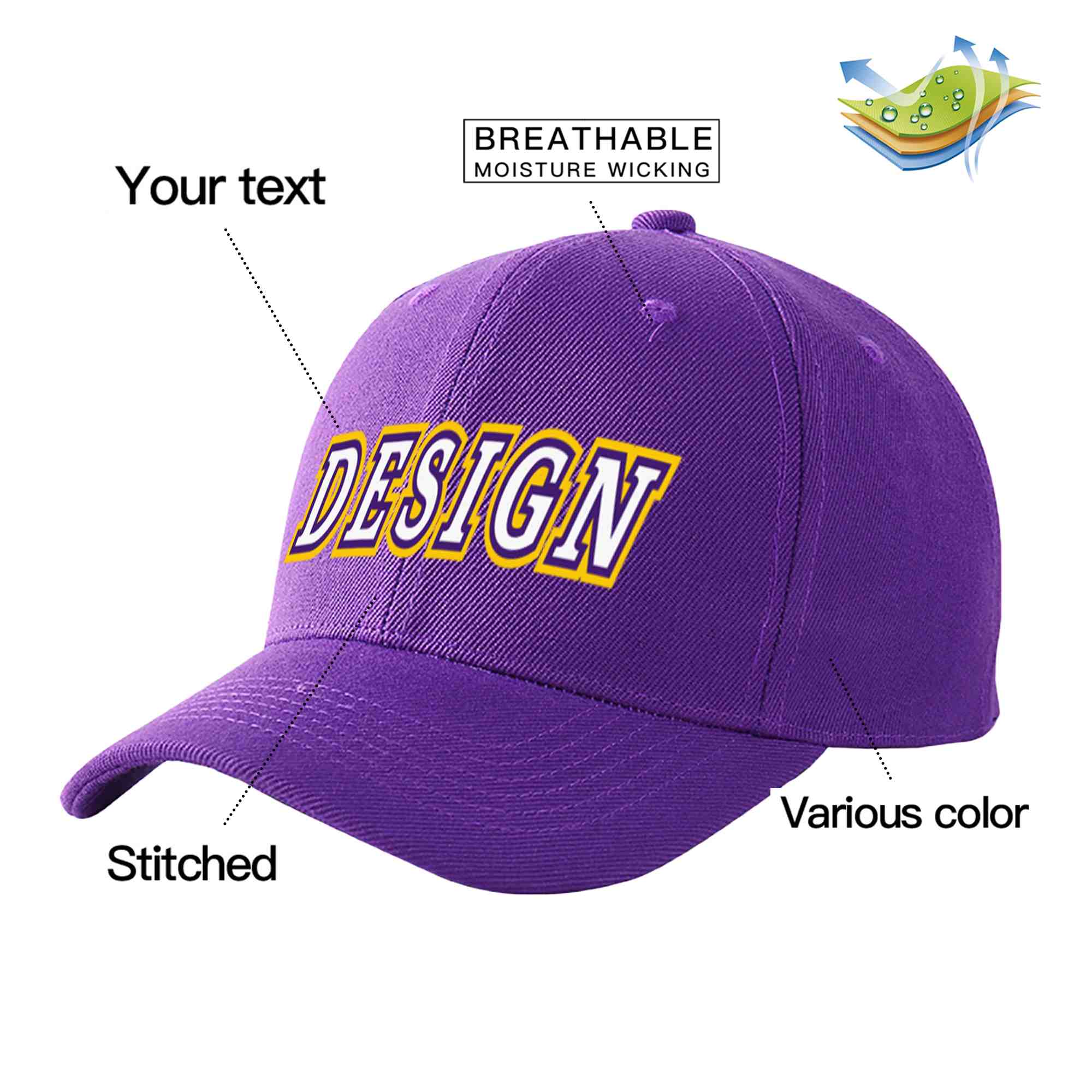 Casquette de baseball personnalisée violet blanc-violet courbé Eaves Sport Design