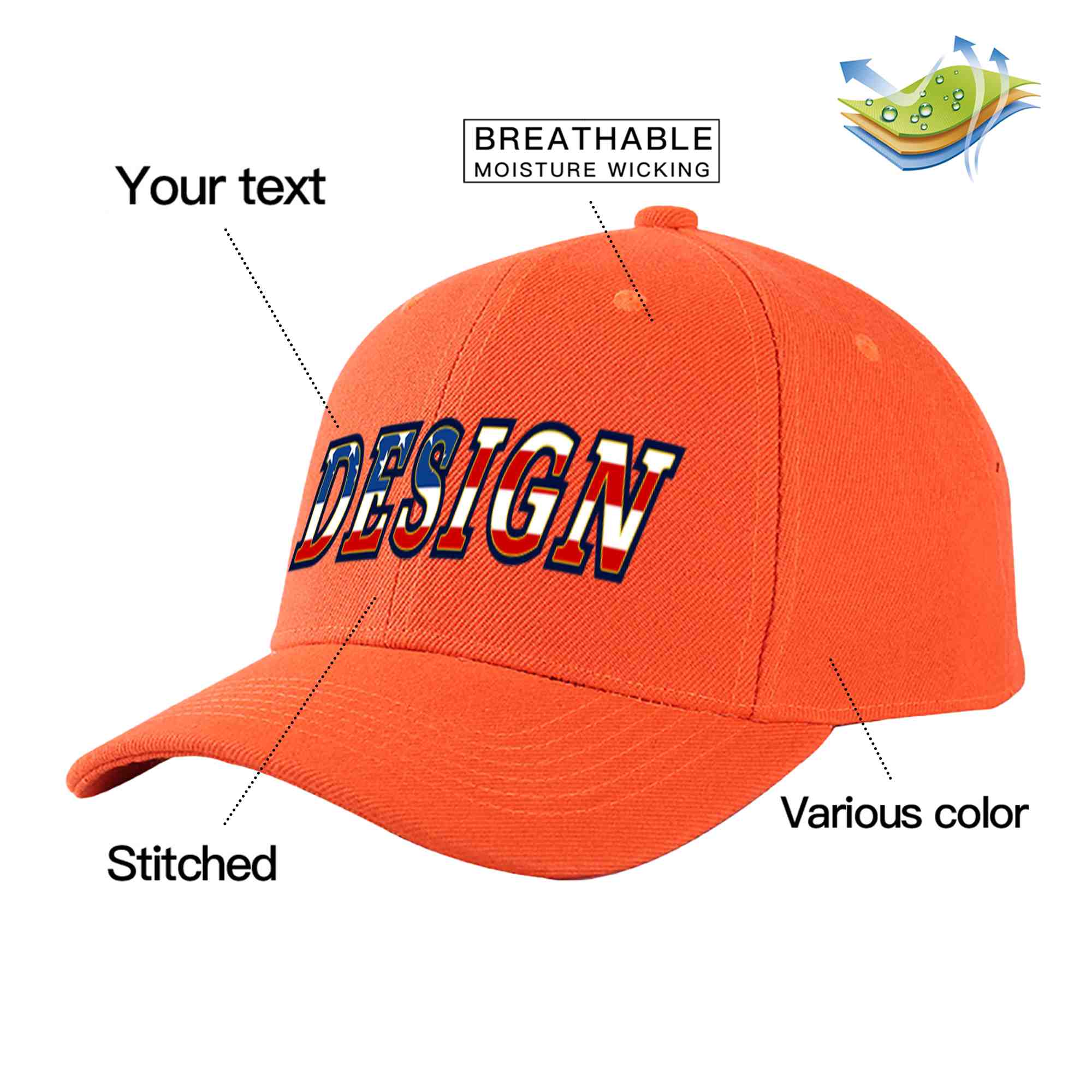 Custom Tangerine Vintage USA Flag-Gold Curved Eaves Sport Design Baseball Cap