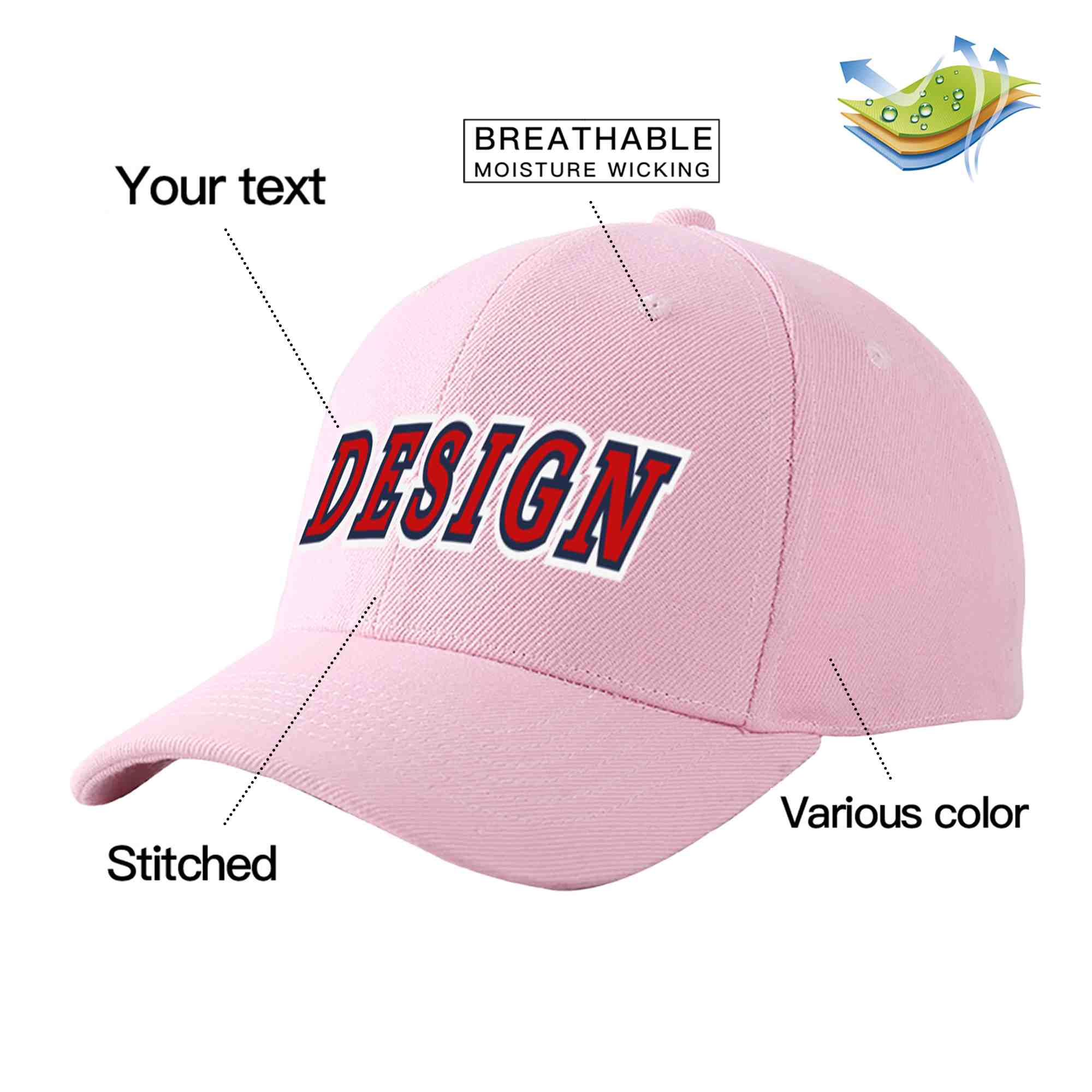 Custom Pink Red-Navy Curved Eaves Sport Design Baseball Cap