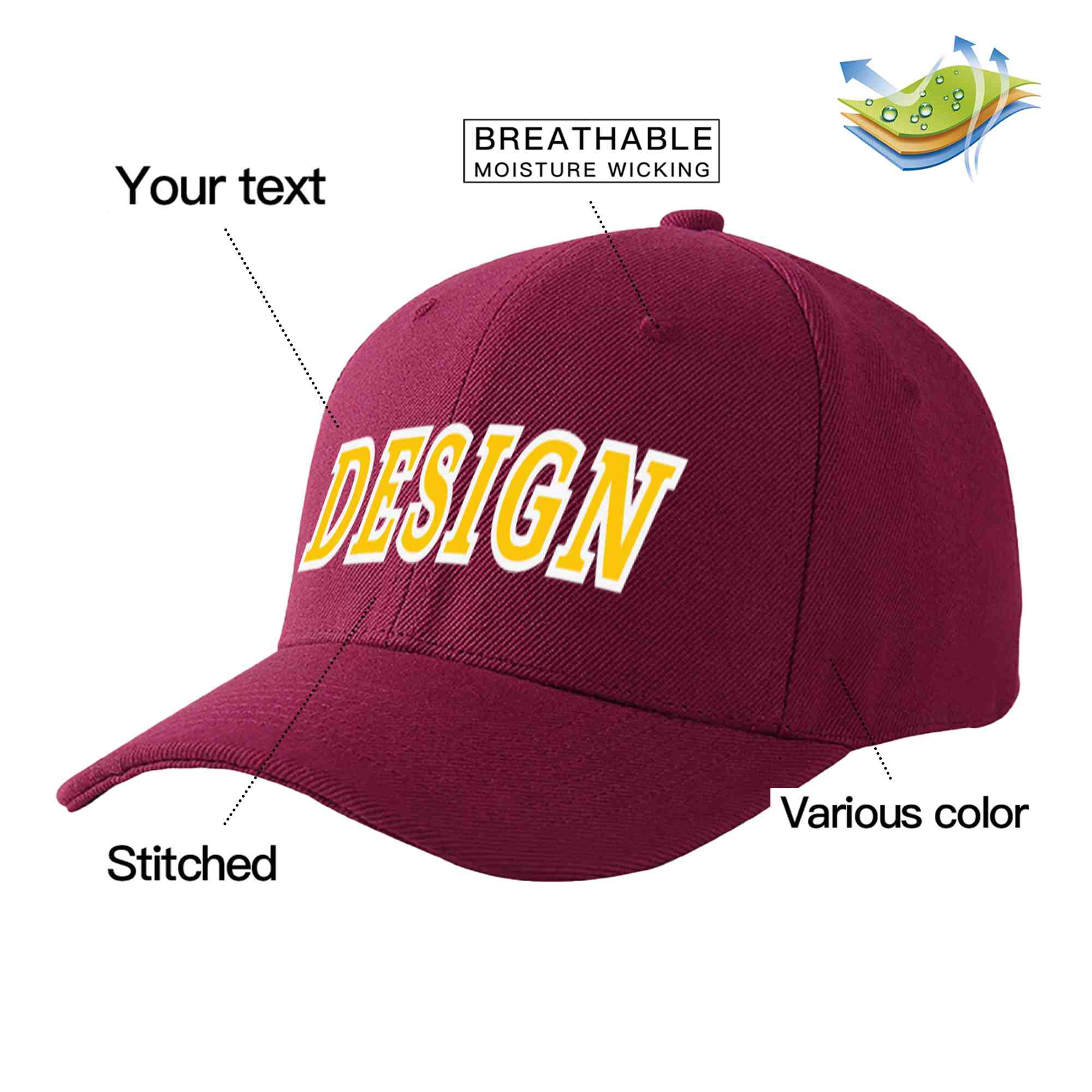 Custom Red Wine Gold-White Curved Eaves Sport Design Baseball Cap