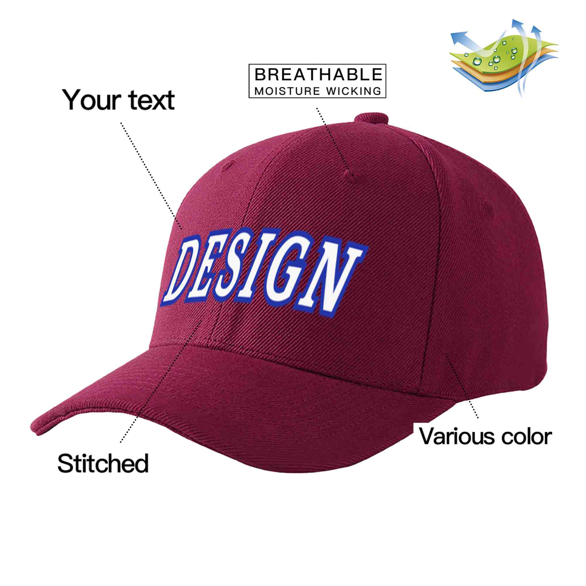 Casquette de baseball personnalisée, vin rouge, blanc-royal, courbée, design sportif