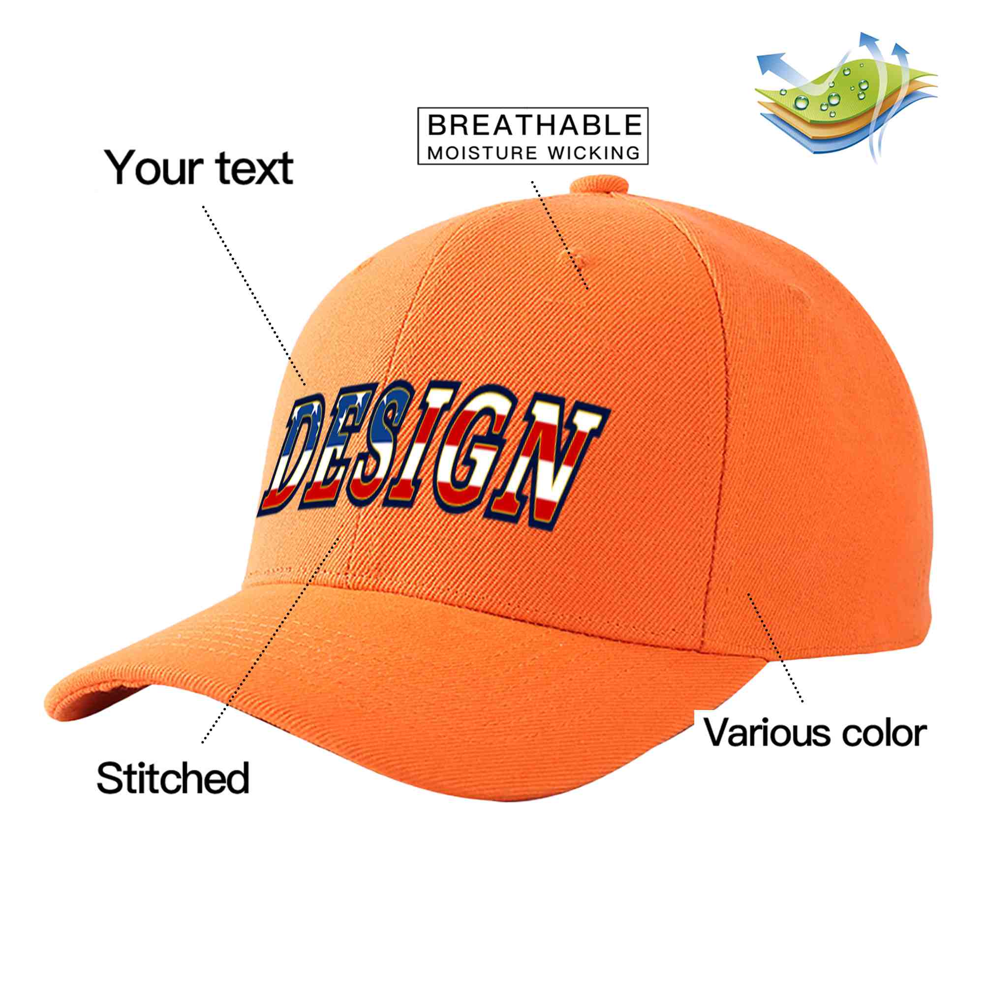 Custom Orange Vintage USA Flag-Gold Curved Eaves Sport Design Baseball Cap