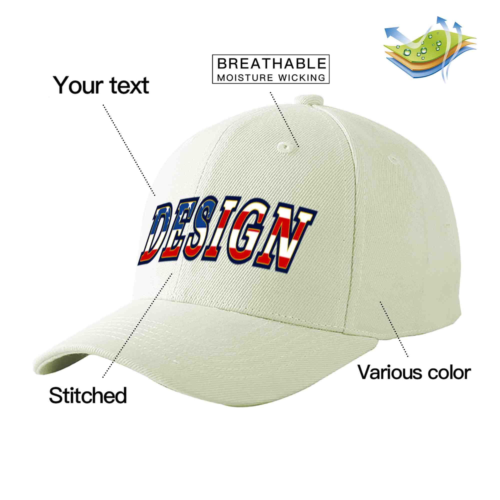 Casquette de baseball personnalisée crème vintage avec drapeau américain et avant-toit incurvé doré