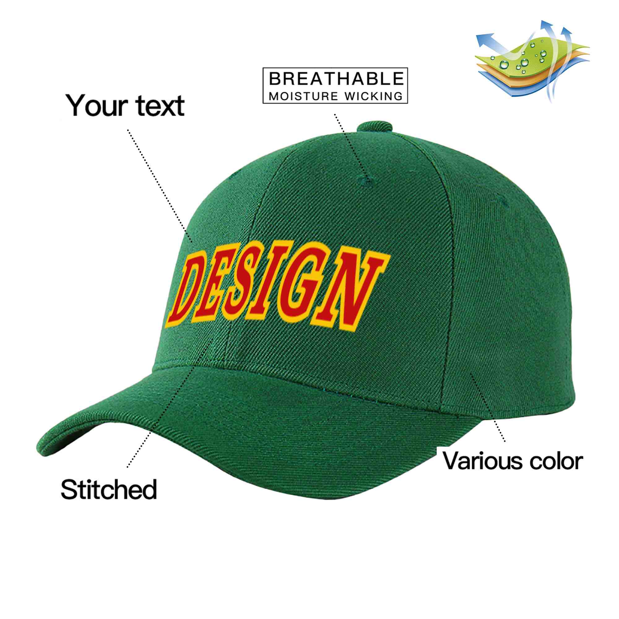 Custom Green Red-Yellow Curved Eaves Sport Design Baseball Cap