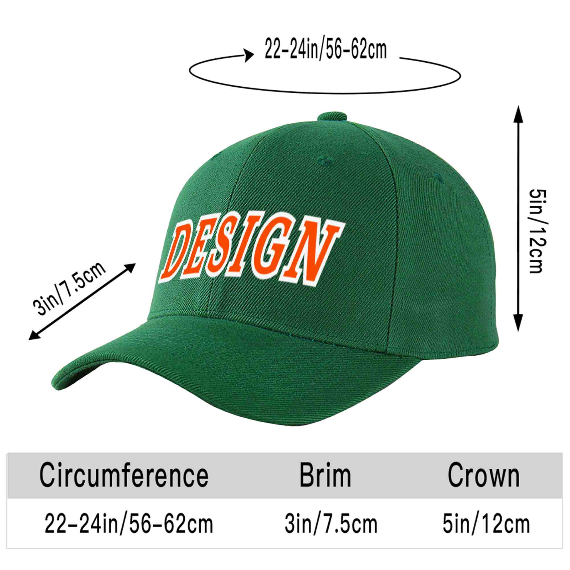 Custom Green Orange-White Curved Eaves Sport Design Baseball Cap