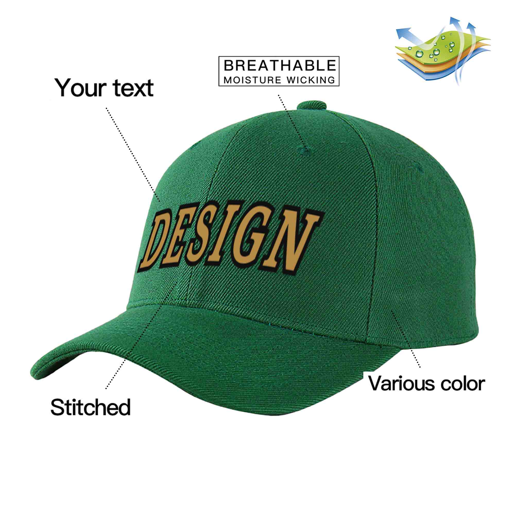 Custom Green Old Gold-Black Curved Eaves Sport Design Baseball Cap