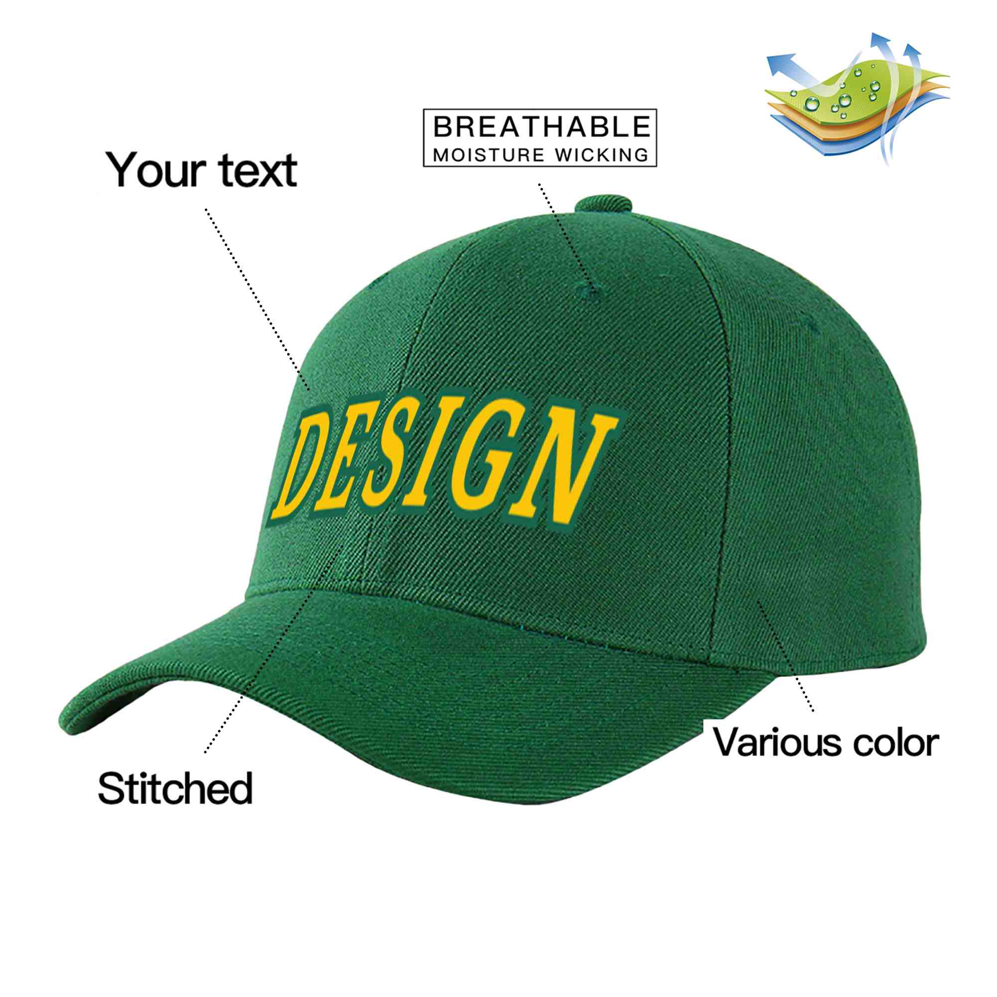 Custom Green Gold-Kelly Green Curved Eaves Sport Design Baseball Cap