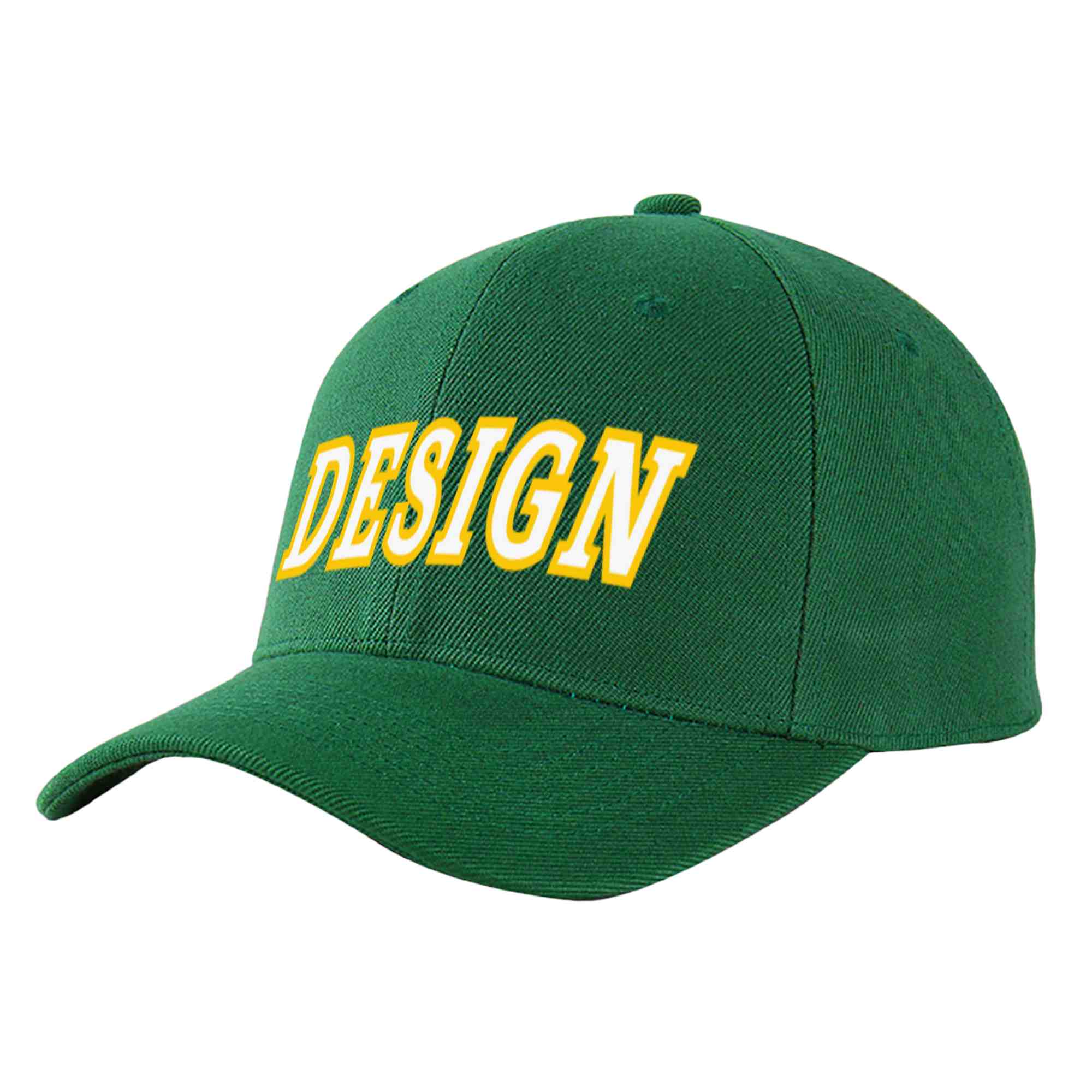 Casquette de baseball courbée personnalisée vert blanc-or avec avant-toit et design sportif