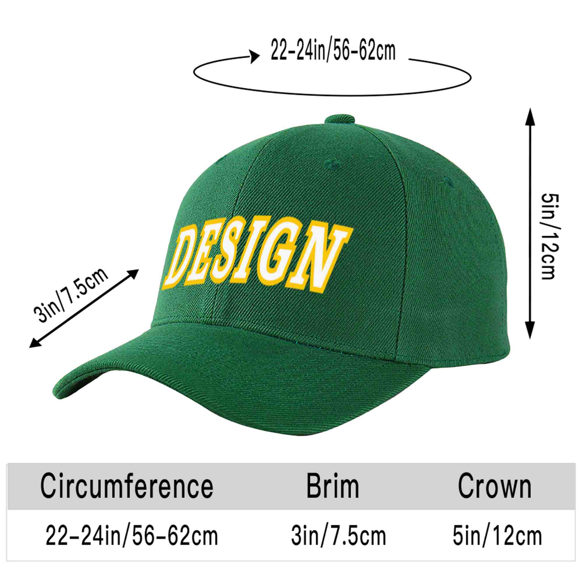 Custom Green White-Gold Curved Eaves Sport Design Baseball Cap