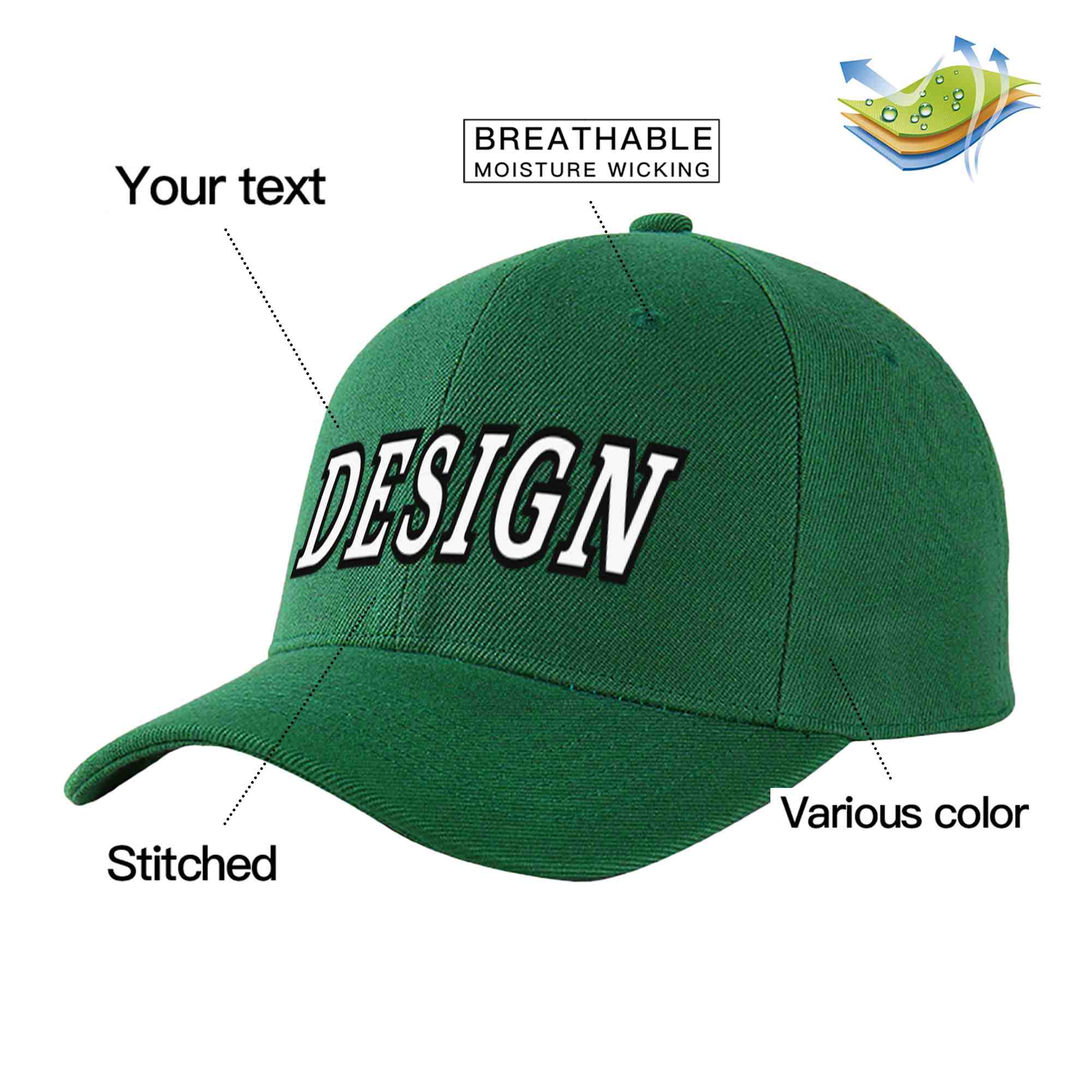 Custom Green White-Black Curved Eaves Sport Design Baseball Cap