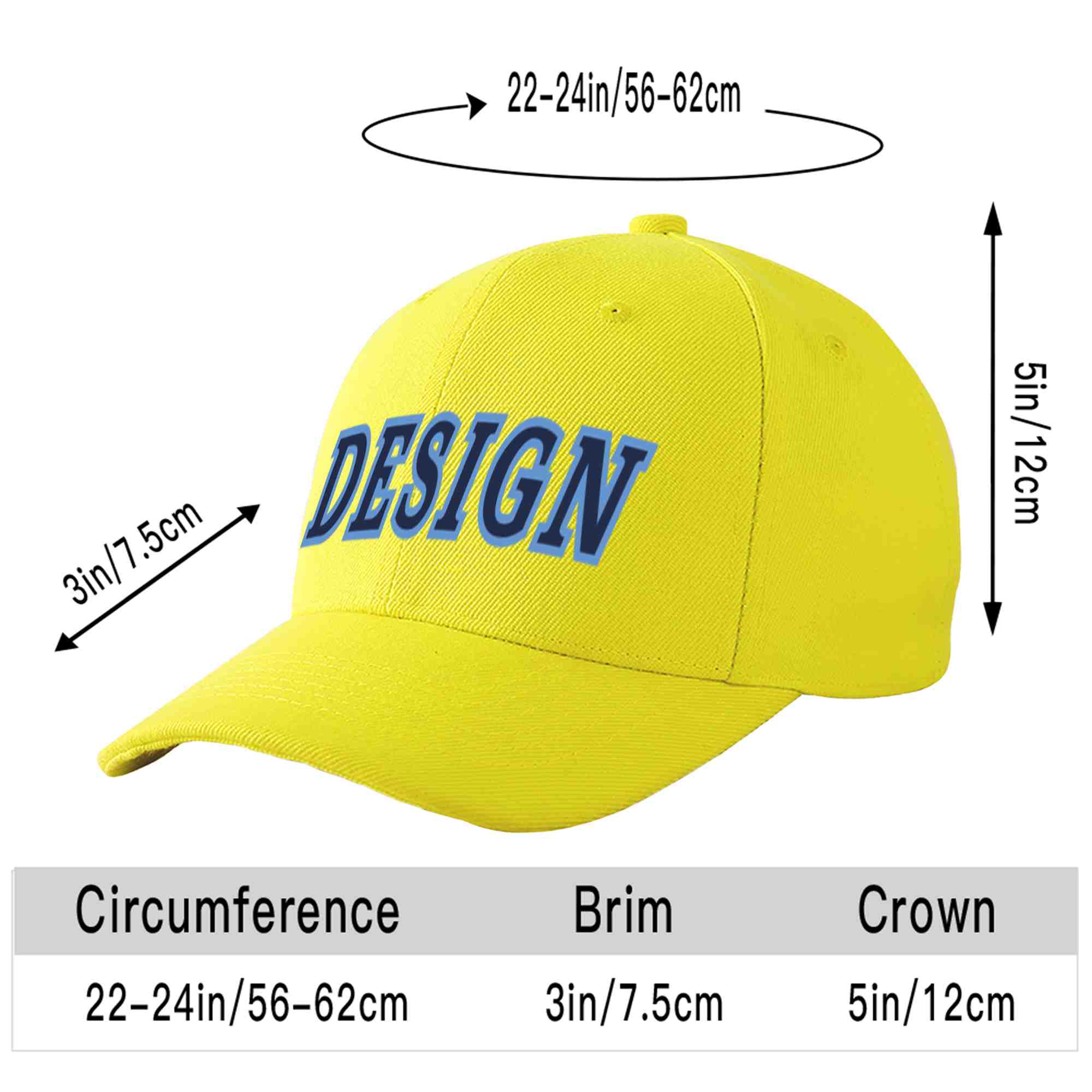 Custom Yellow Navy-Light Blue Curved Eaves Sport Design Baseball Cap