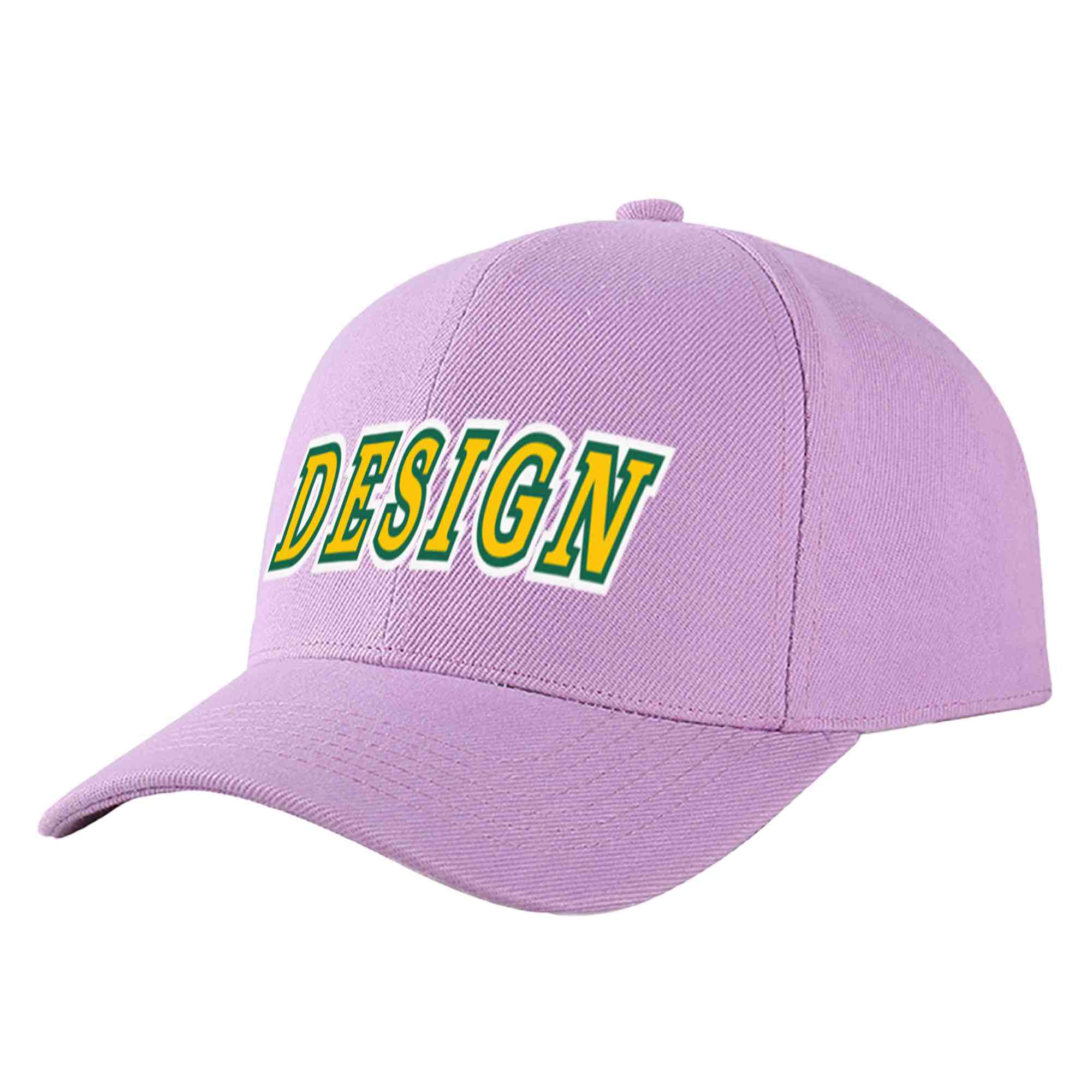 Custom Light Purple Gold-Kelly Green Curved Eaves Sport Design Baseball Cap