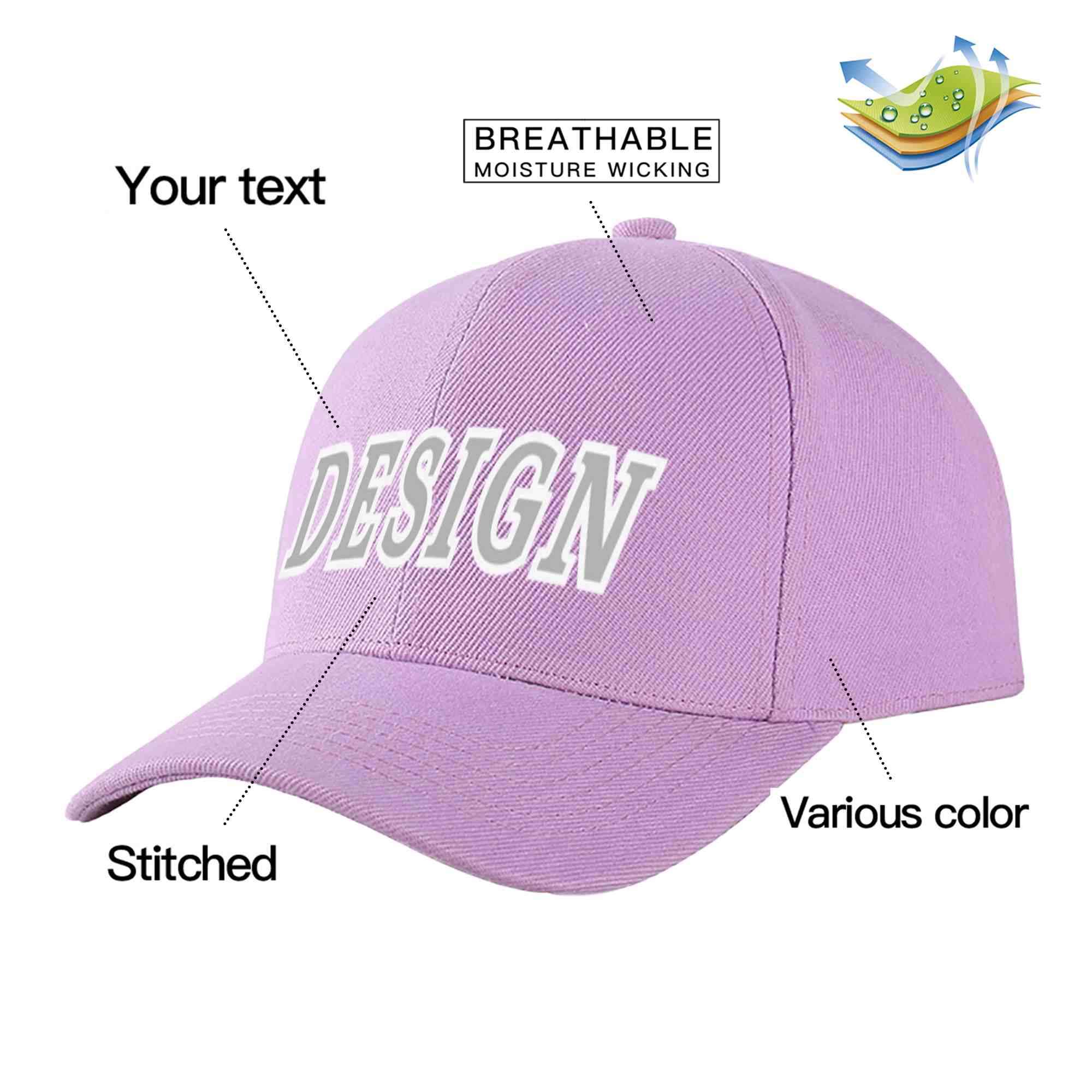 Casquette de baseball personnalisée, violet clair, gris-blanc, courbée, design sportif