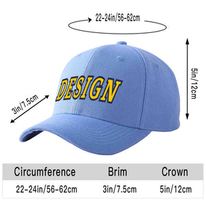 Custom Sky Blue Gold-Navy Curved Eaves Sport Design Baseball Cap