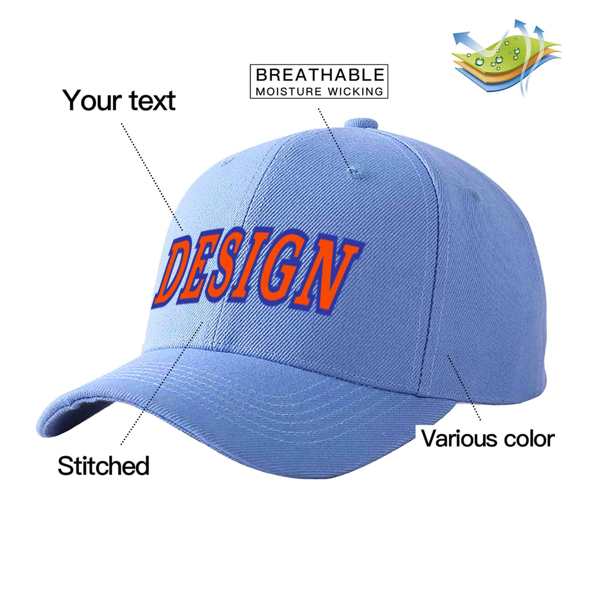 Casquette de baseball personnalisée bleu ciel orange-royal courbée Eaves Sport Design