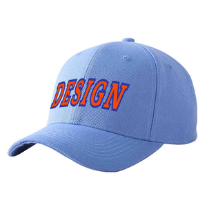 Custom Sky Blue Orange-Royal Curved Eaves Sport Design Baseball Cap