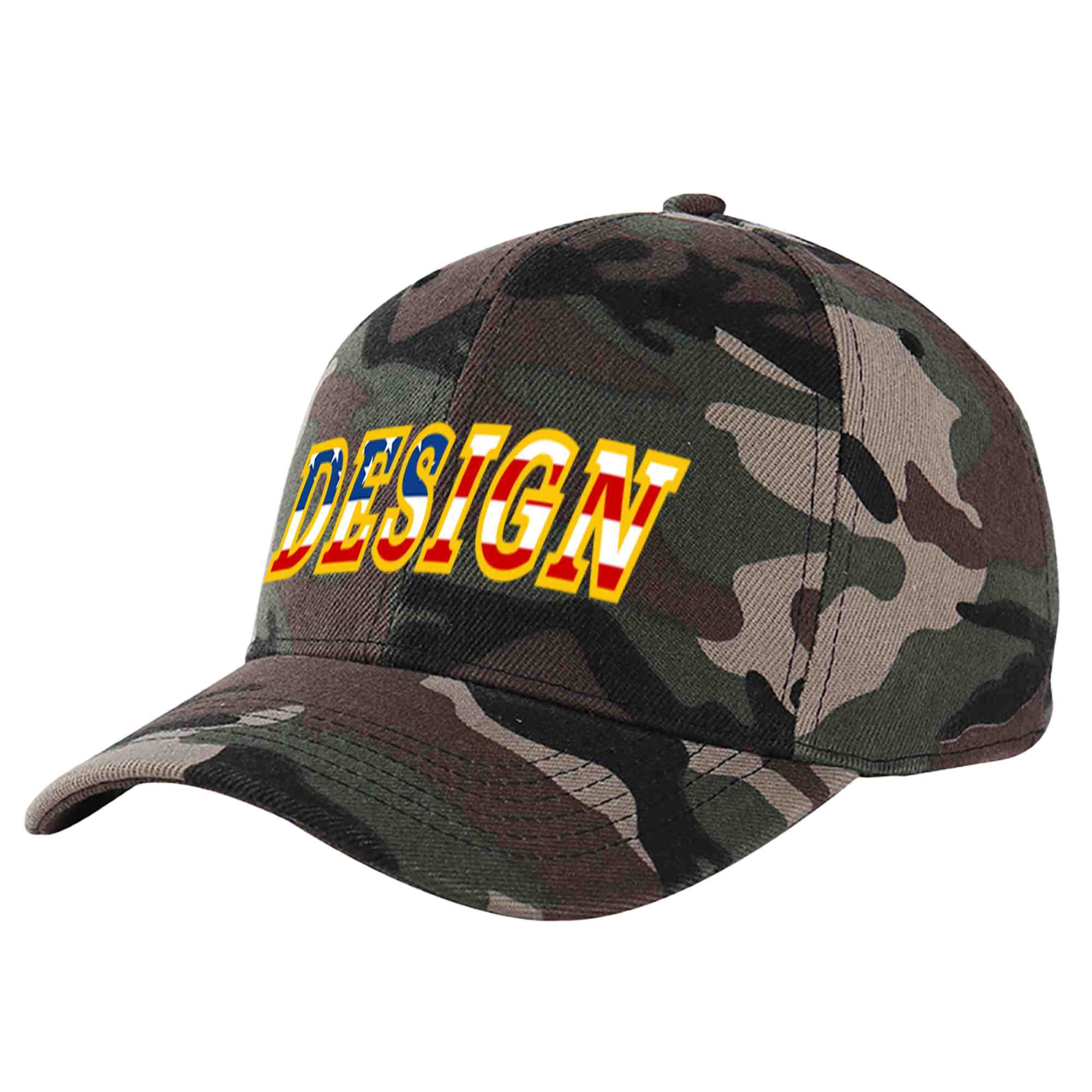 Casquette de baseball personnalisée avec motif camouflage vintage, drapeau américain, avant-toit incurvé doré, design sportif