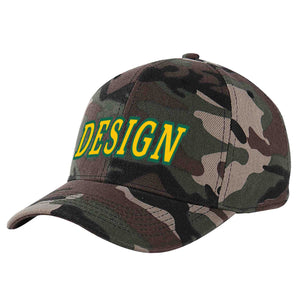 Custom Camo Gold-Kelly Green Curved Eaves Sport Design Baseball Cap