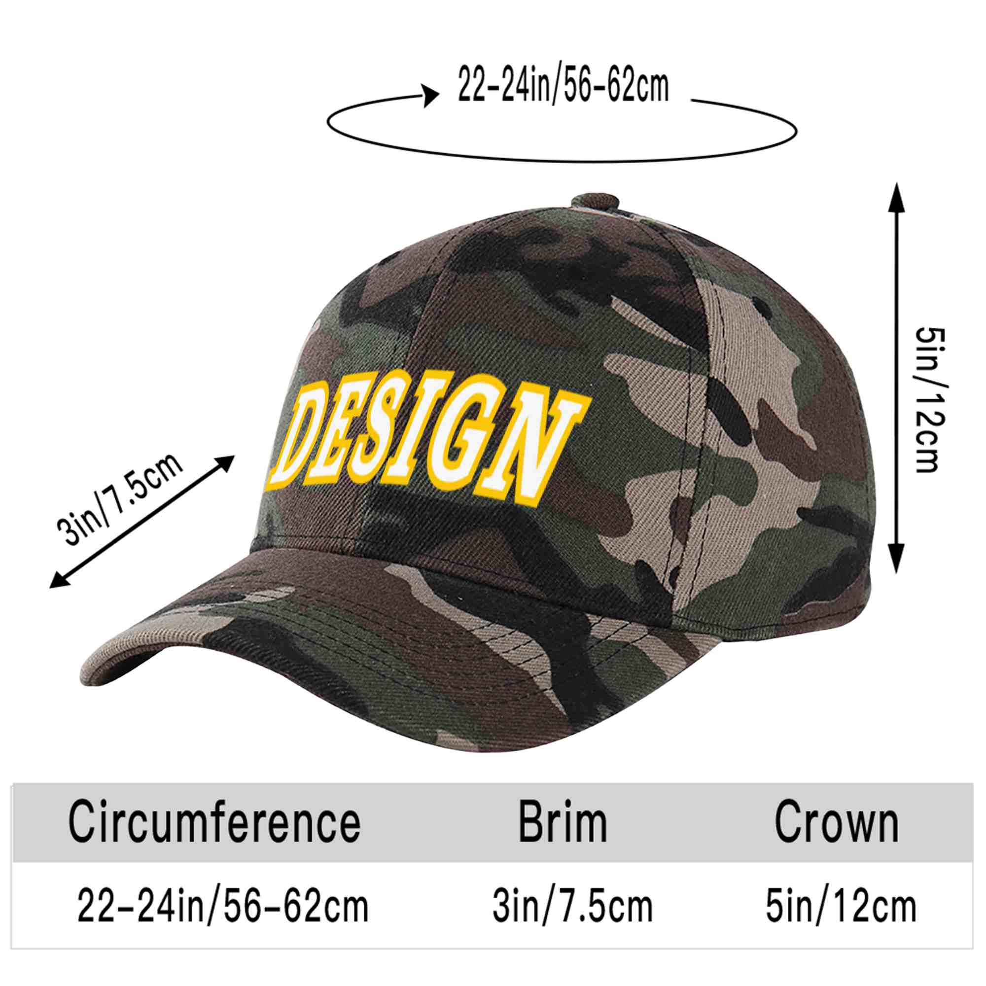 Custom Camo White-Gold Curved Eaves Sport Design Baseball Cap