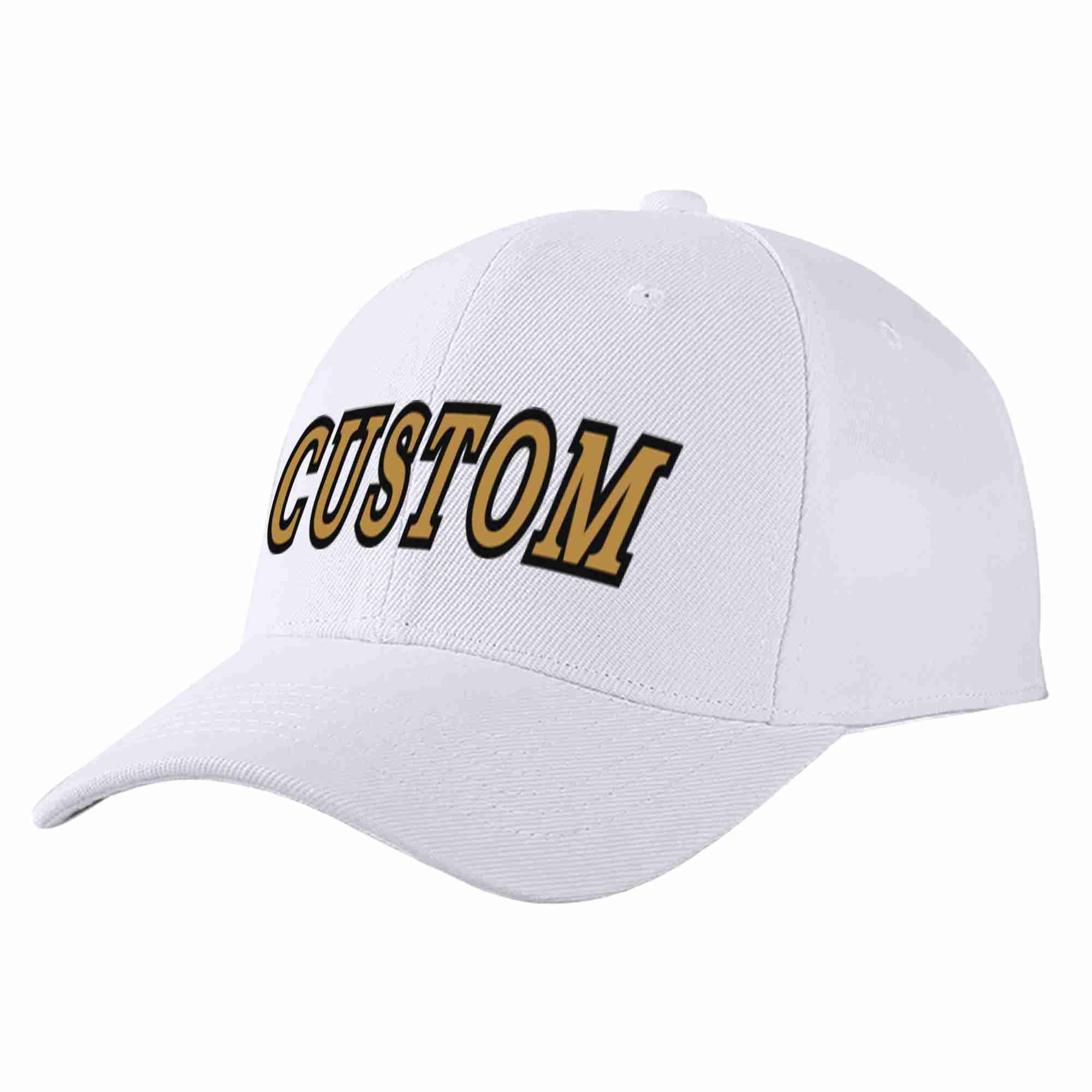 Conception personnalisée de casquette de baseball de sport à avant-toit incurvé blanc vieux or-noir pour hommes/femmes/jeunes