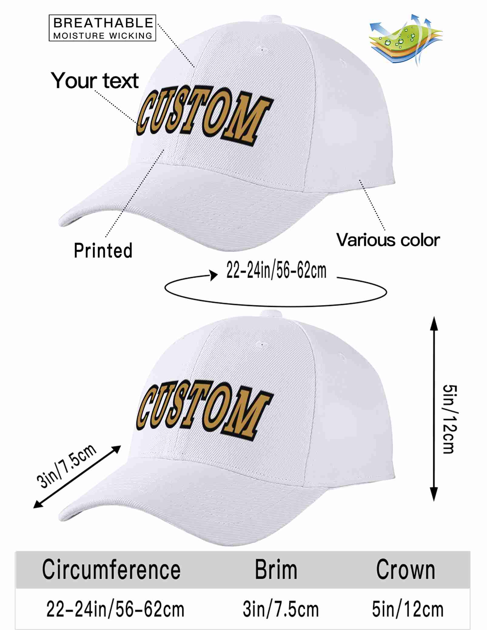 Custom White Old Gold-Black Curved Eaves Sport Baseball Cap Design for Men/Women/Youth