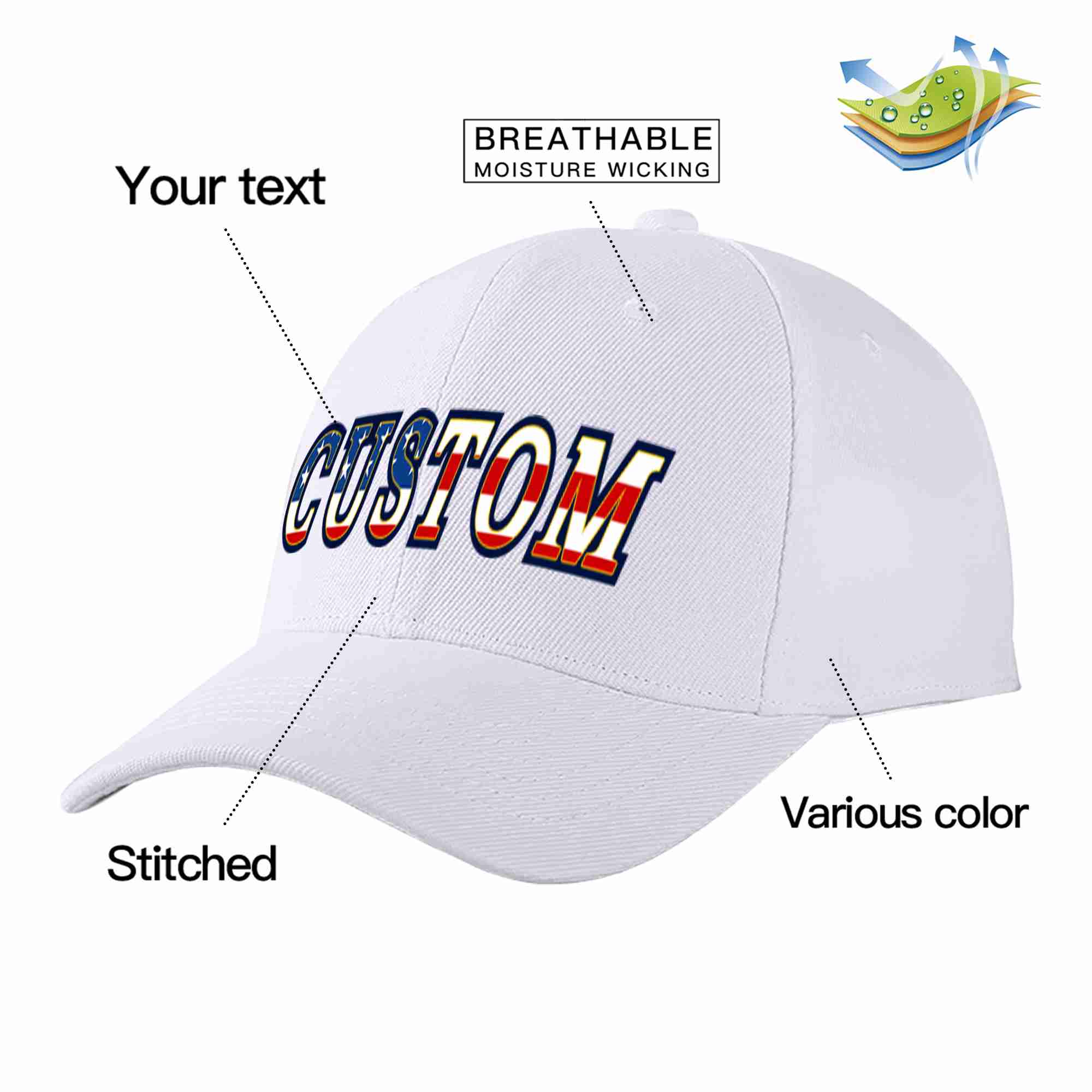 Casquette de baseball de sport avec avant-toit incurvé blanc et personnalisé, drapeau américain Vintage, doré, Design pour hommes/femmes/jeunes