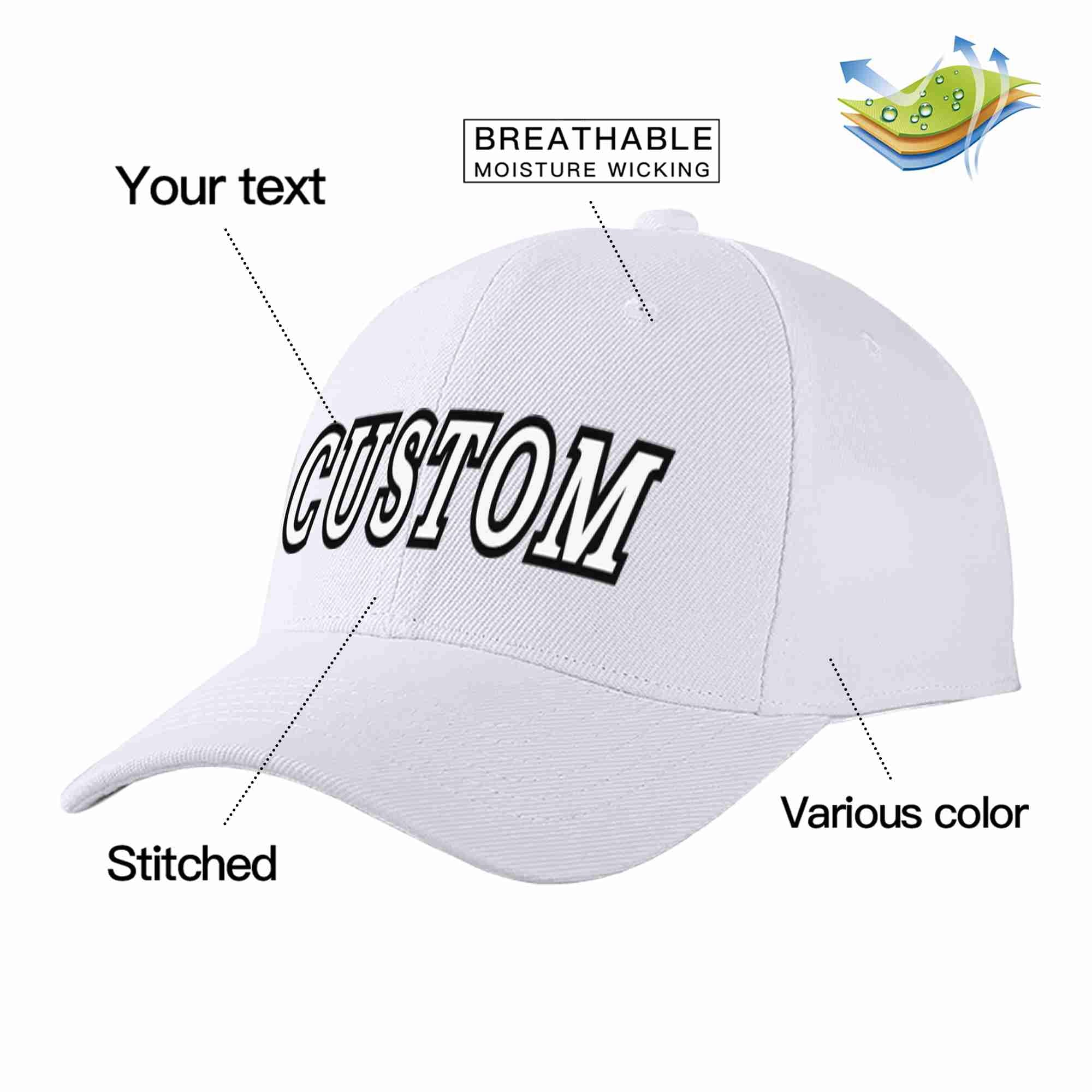 Conception personnalisée de casquette de baseball de sport incurvée blanc-noir blanc pour hommes/femmes/jeunes