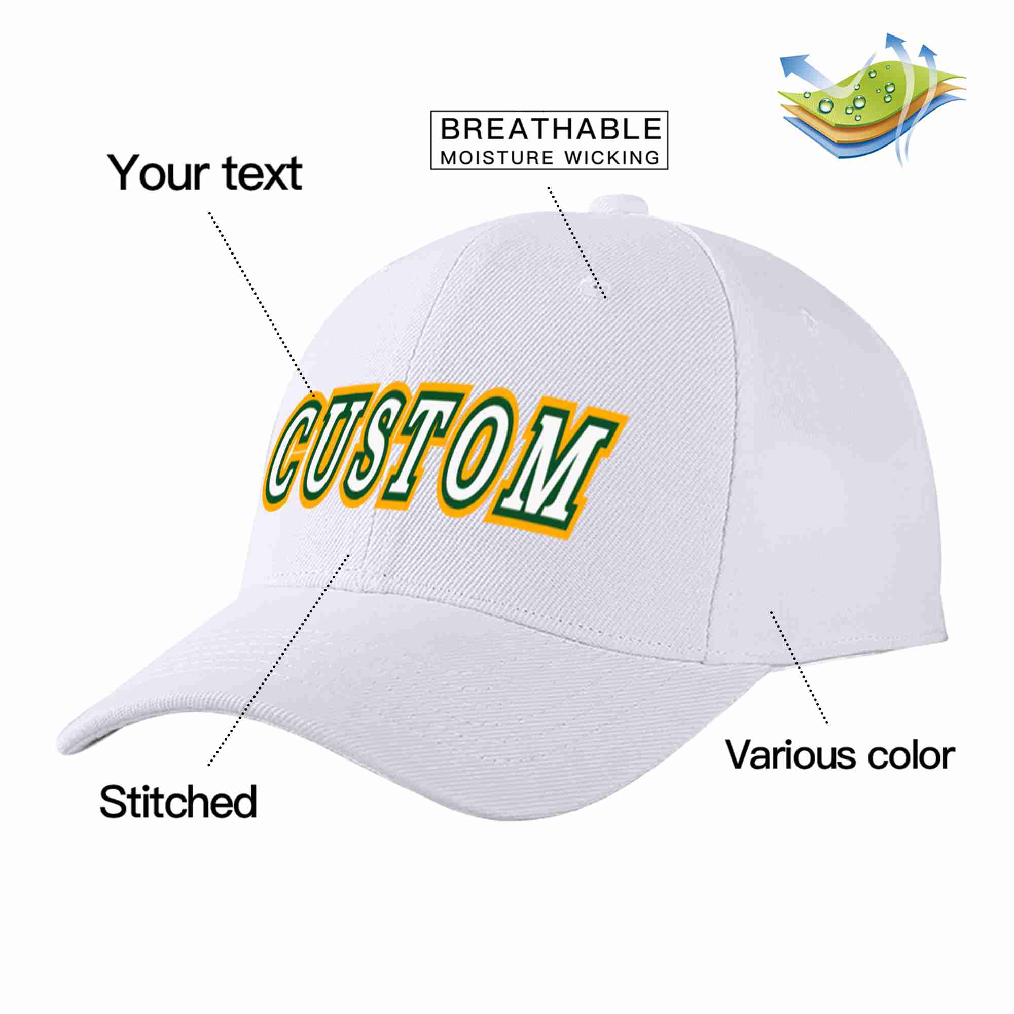 Custom White White-Kelly Green Curved Eaves Sport Baseball Cap Design for Men/Women/Youth