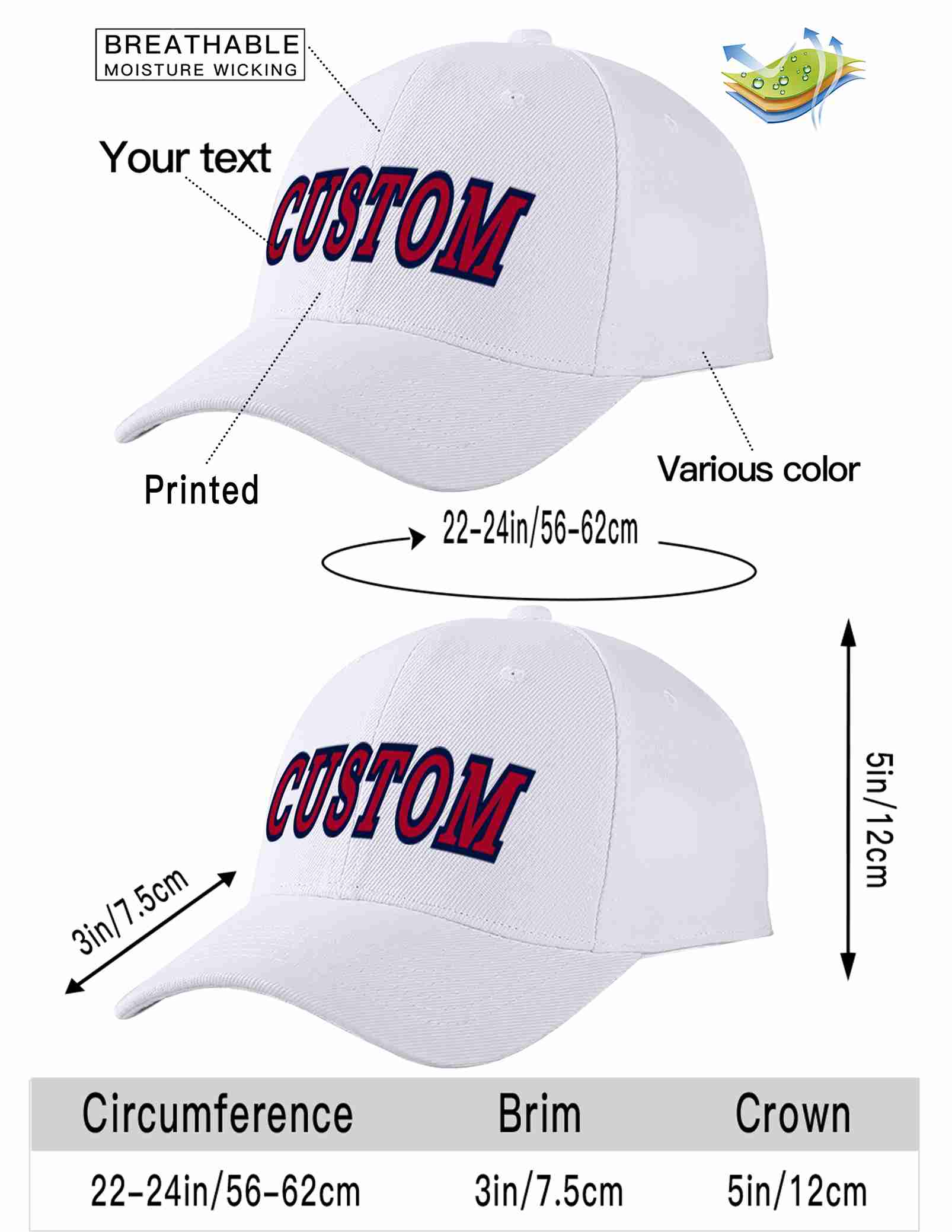 Custom White Red-Navy Curved Eaves Sport Baseball Cap Design for Men/Women/Youth