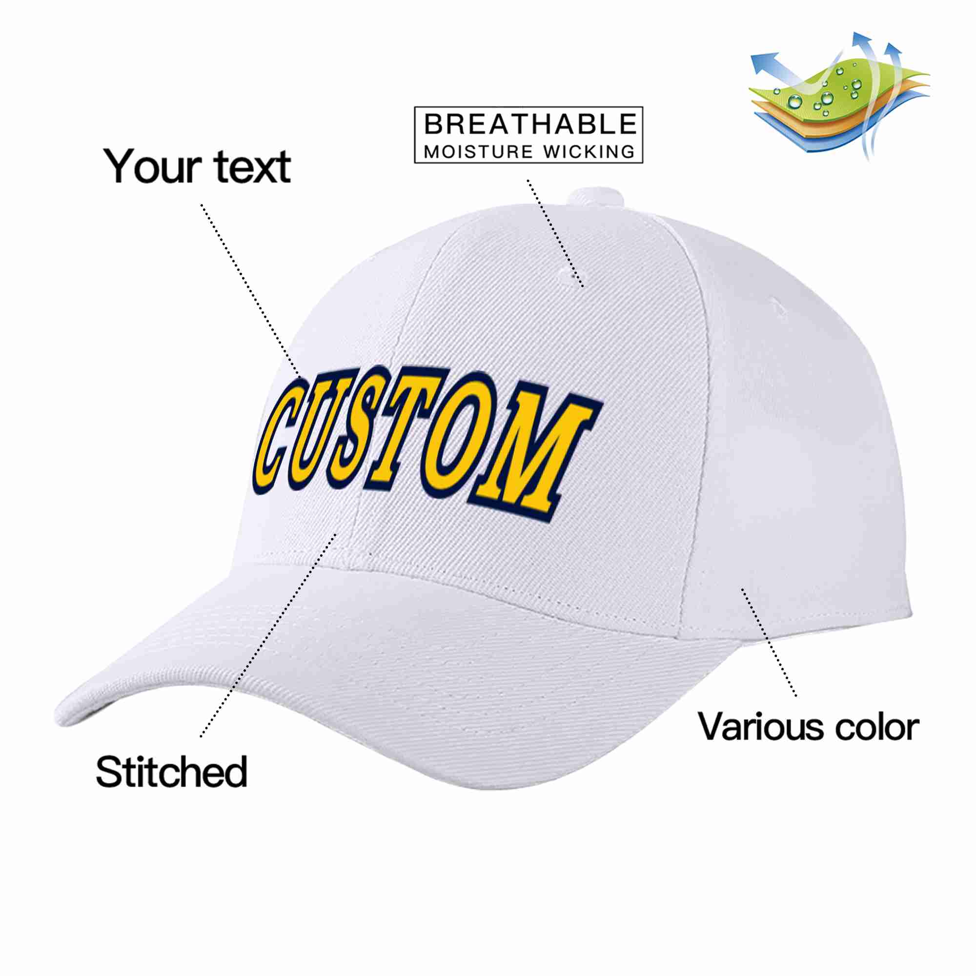 Custom White Yellow-Navy Curved Eaves Sport Baseball Cap Design for Men/Women/Youth