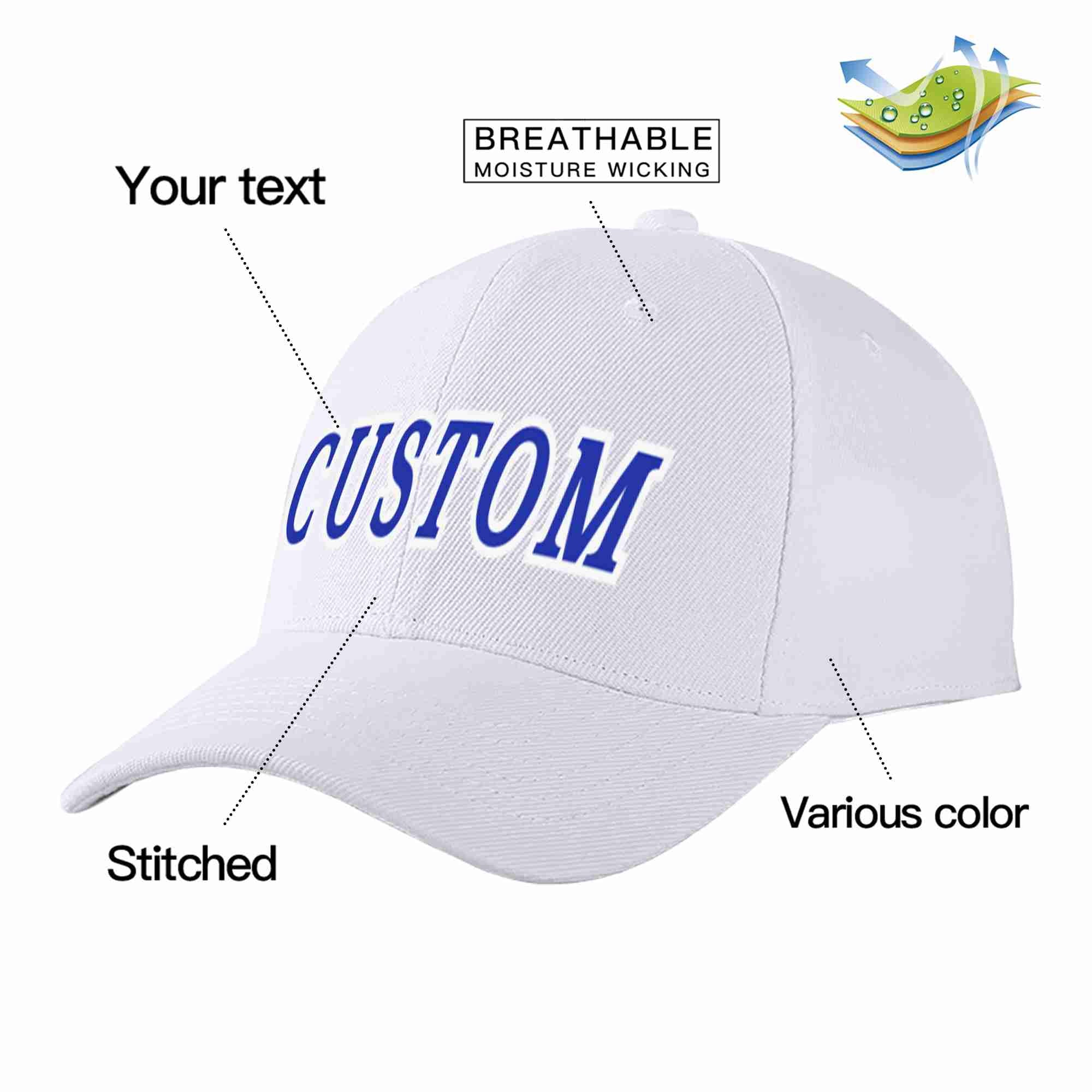 Conception personnalisée de casquette de baseball de sport incurvée blanc royal-blanc pour hommes/femmes/jeunes