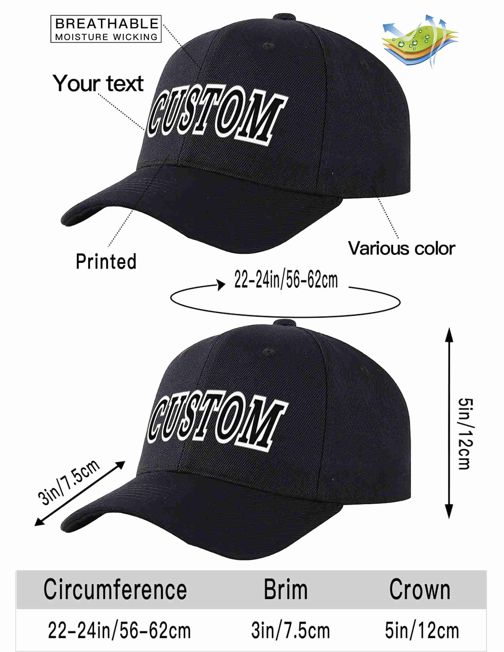 Custom Black Black-White Curved Eaves Sport Baseball Cap Design for Men/Women/Youth