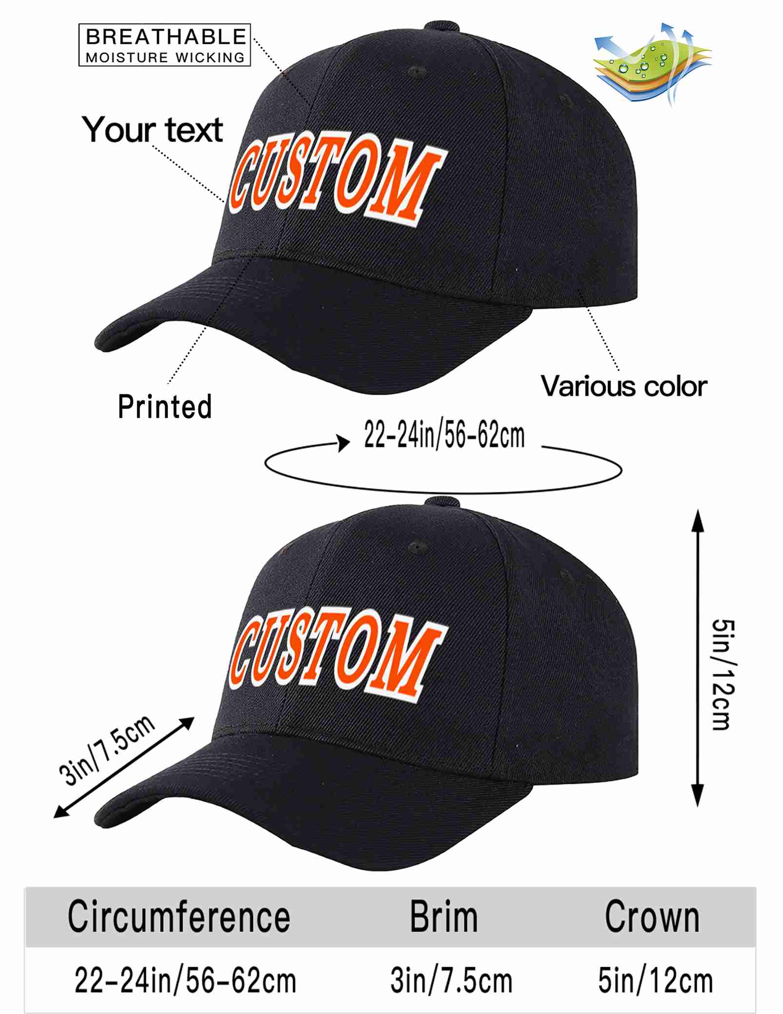 Custom Black Orange-White Curved Eaves Sport Baseball Cap Design for Men/Women/Youth