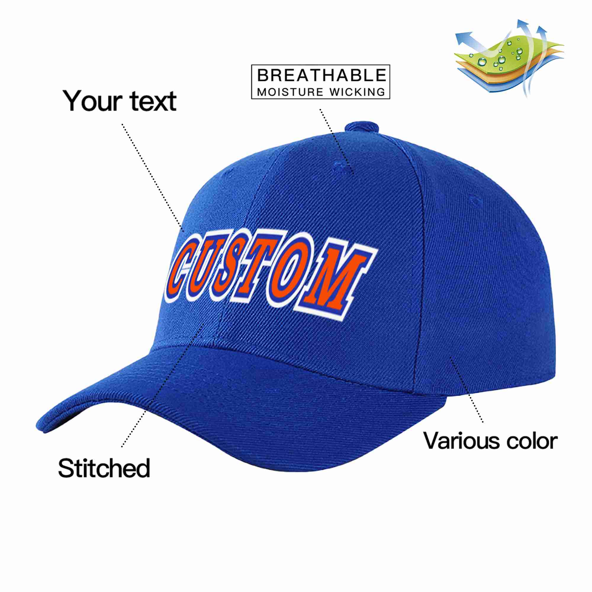 Custom Royal Orange-Royal Curved Eaves Sport Baseball Cap Design for Men/Women/Youth