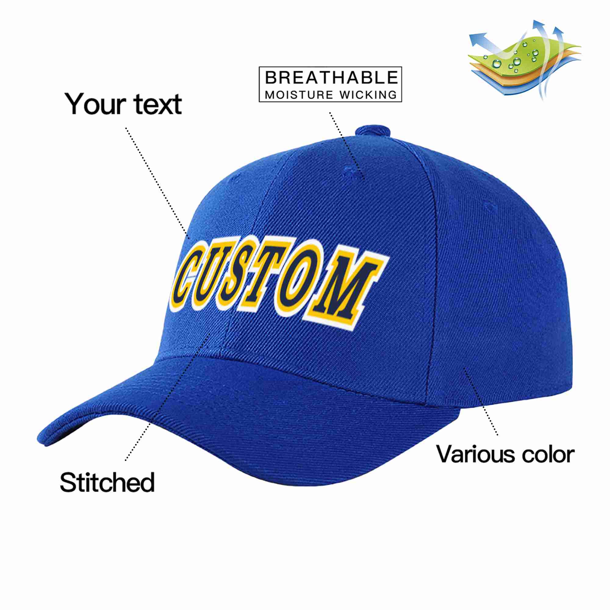 Conception personnalisée de casquette de baseball de sport incurvée jaune marine royale pour hommes/femmes/jeunes