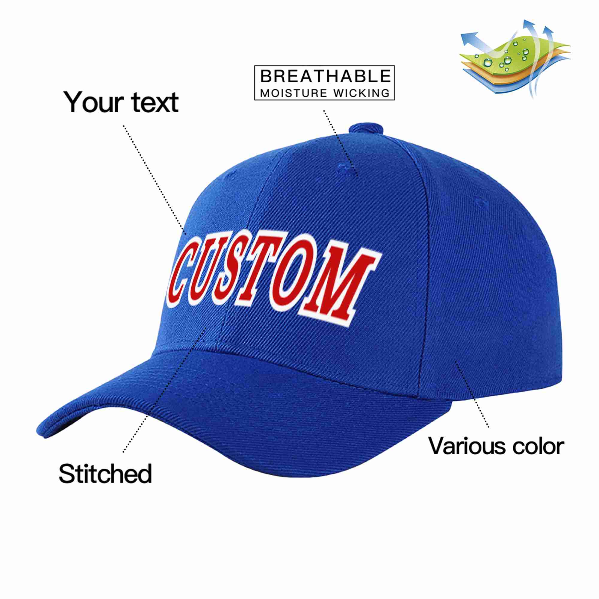 Conception personnalisée de casquette de baseball de sport incurvée rouge-blanc royal pour hommes/femmes/jeunes